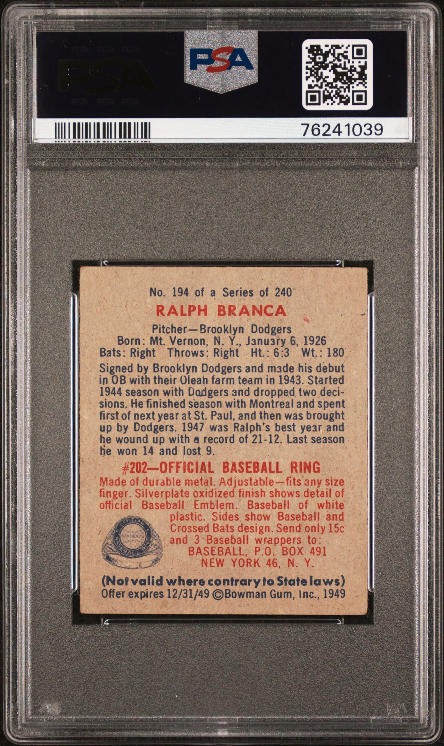 RALPH BRANCA | 1949 BOWMAN 194 | PSA GOOD 2 - Image 2