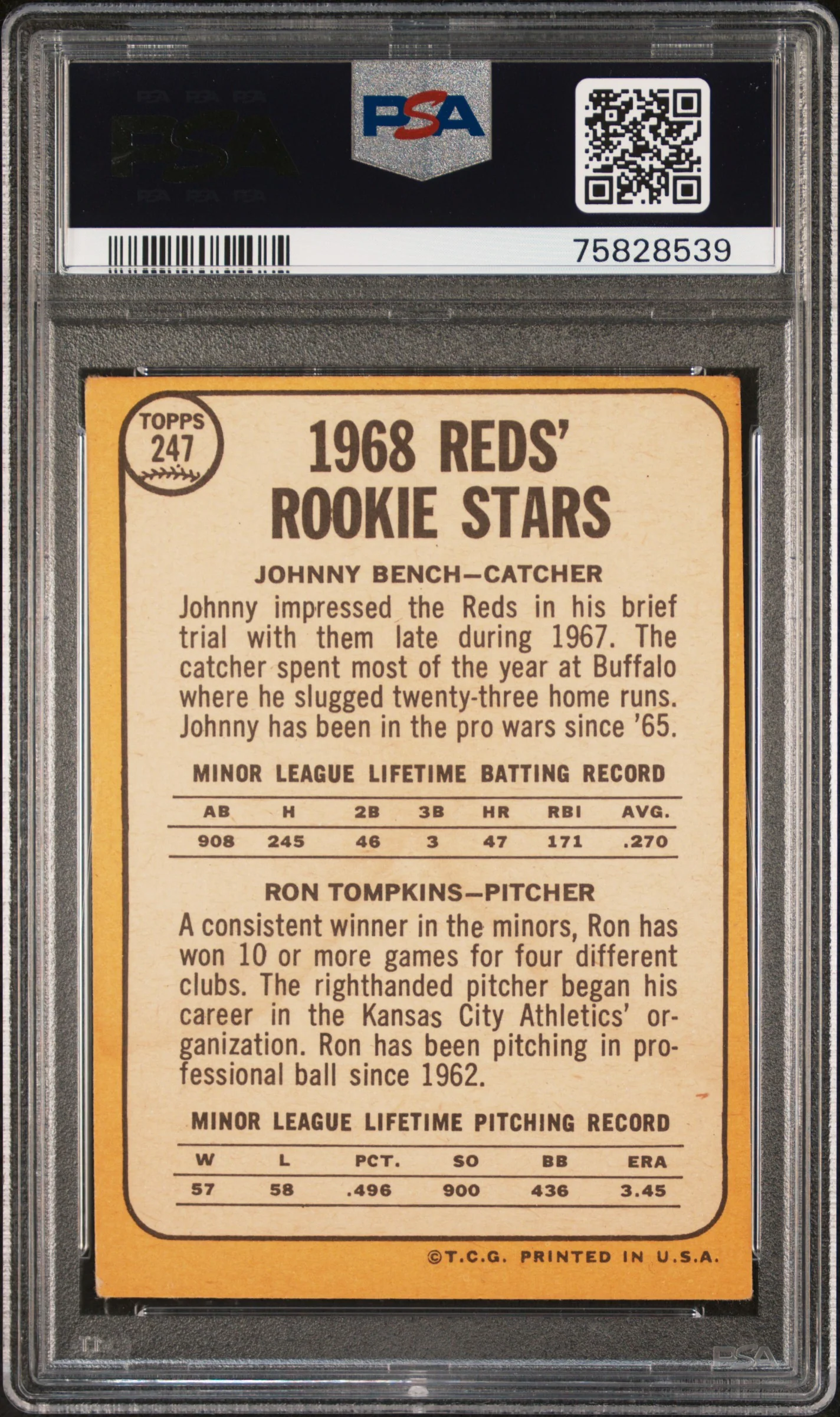 REDS ROOKIES | 1968 TOPPS 247 | J.BENCH/R.TOMPKINS | PSA VG-EX 4 - Image 2