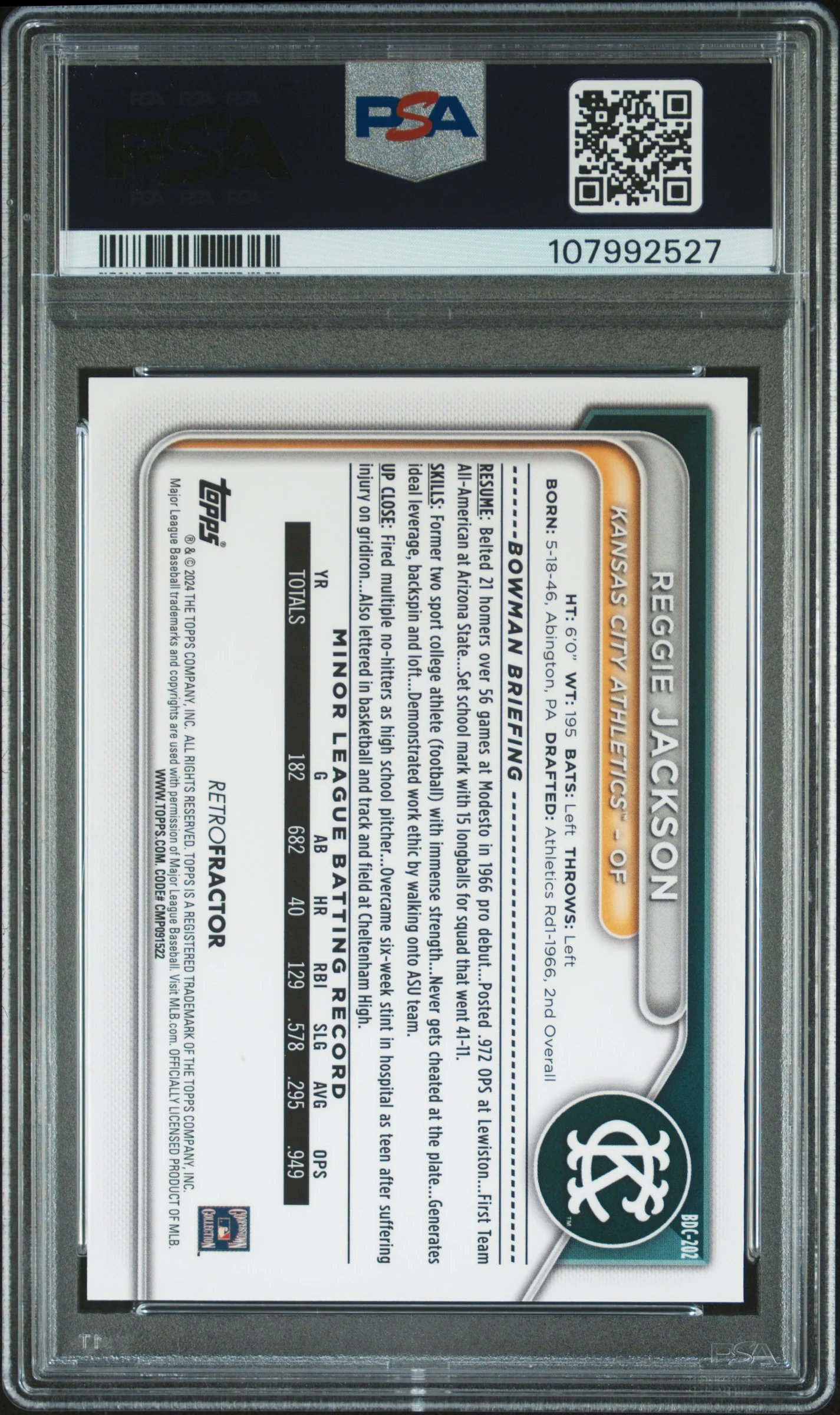 REGGIE JACKSON | 2024 BOWMAN DRAFT BDC202 | RETROFRACTOR-GOLD | PSA GEM MT 10 - Image 2