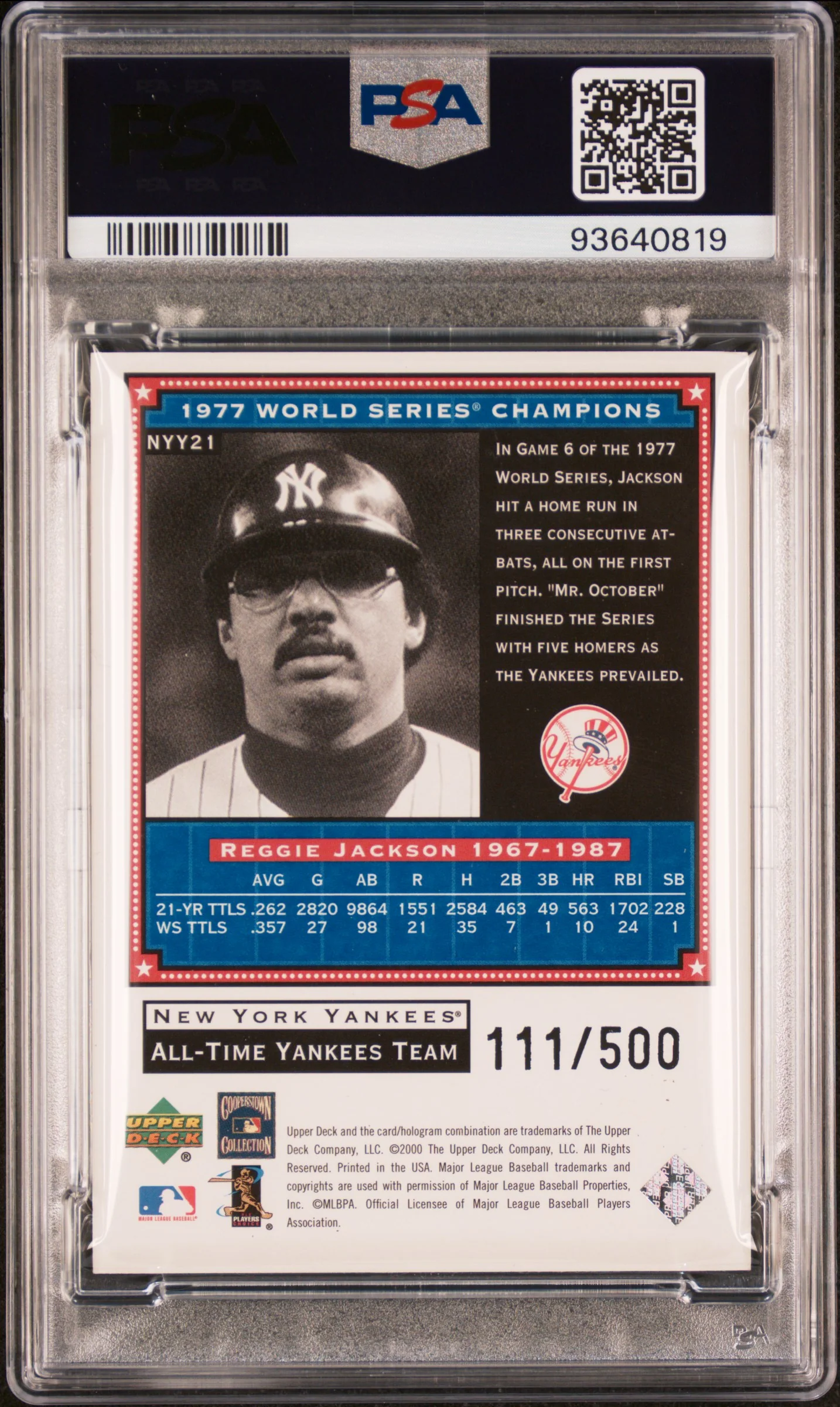 REGGIE JACKSON-1977 | 2000 UPPER DECK YANKEES MASTER COLLECTION 21 | MASTER COLLECTION | PSA EX-MT 6 - Image 2
