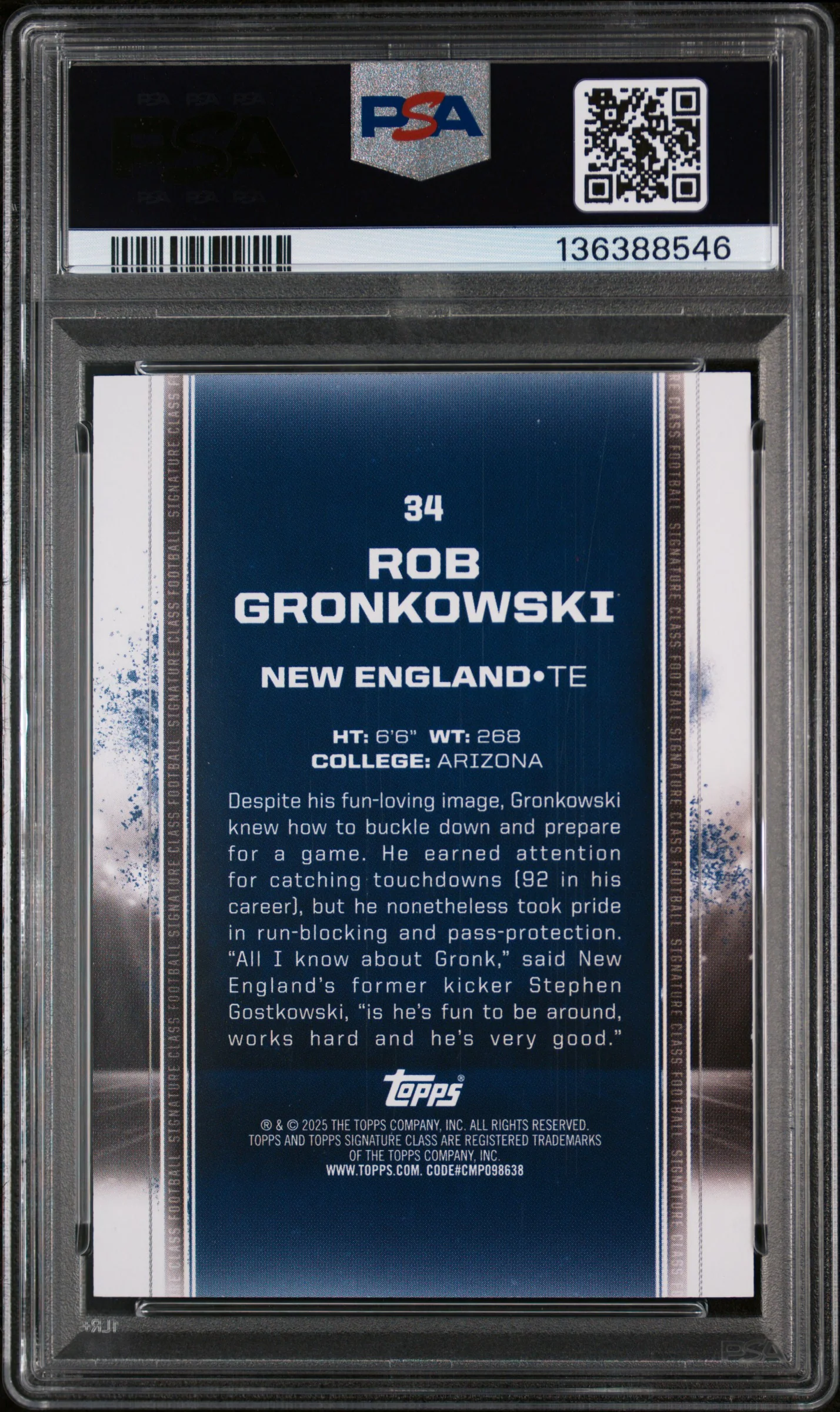 ROB GRONKOWSKI | 2024 TOPPS SIGNATURE CLASS 34 | ORANGE | PSA NM-MT 8 - Image 2