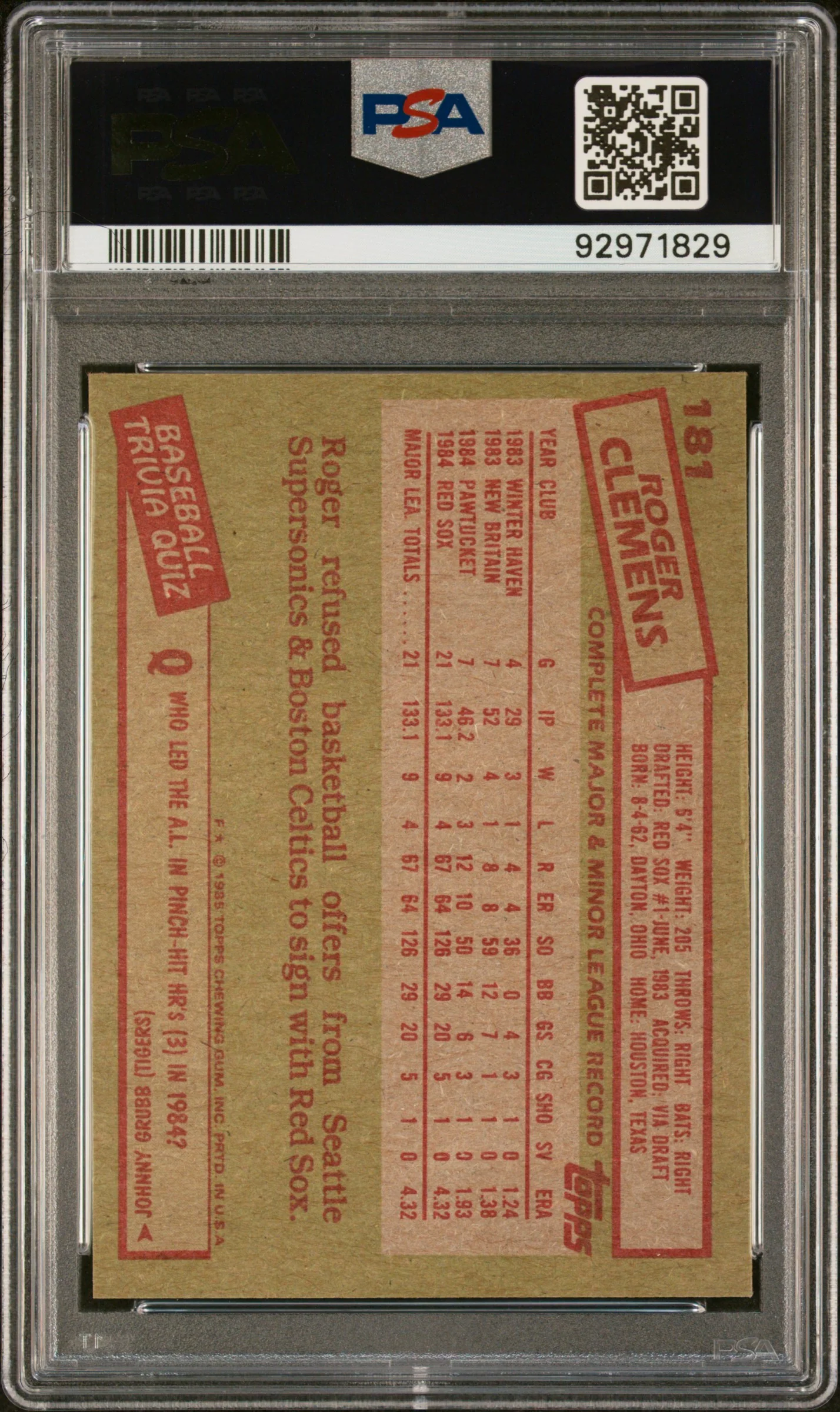 ROGER CLEMENS | 1985 TOPPS 181 | PSA MINT 9 - Image 2