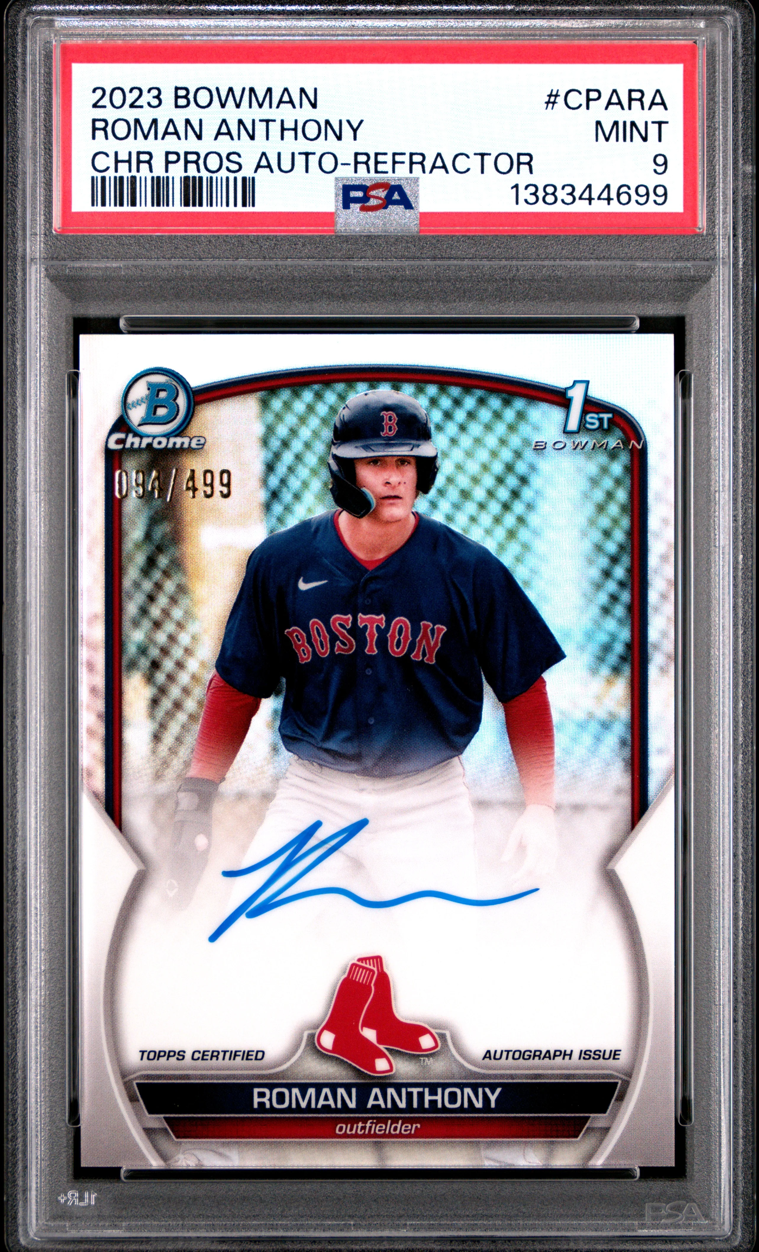 ROMAN ANTHONY | 2023 BOWMAN CHROME PROSPECT AUTOGRAPHS CPARA | CHR PROS AUTO-REFRACTOR | PSA MINT 9