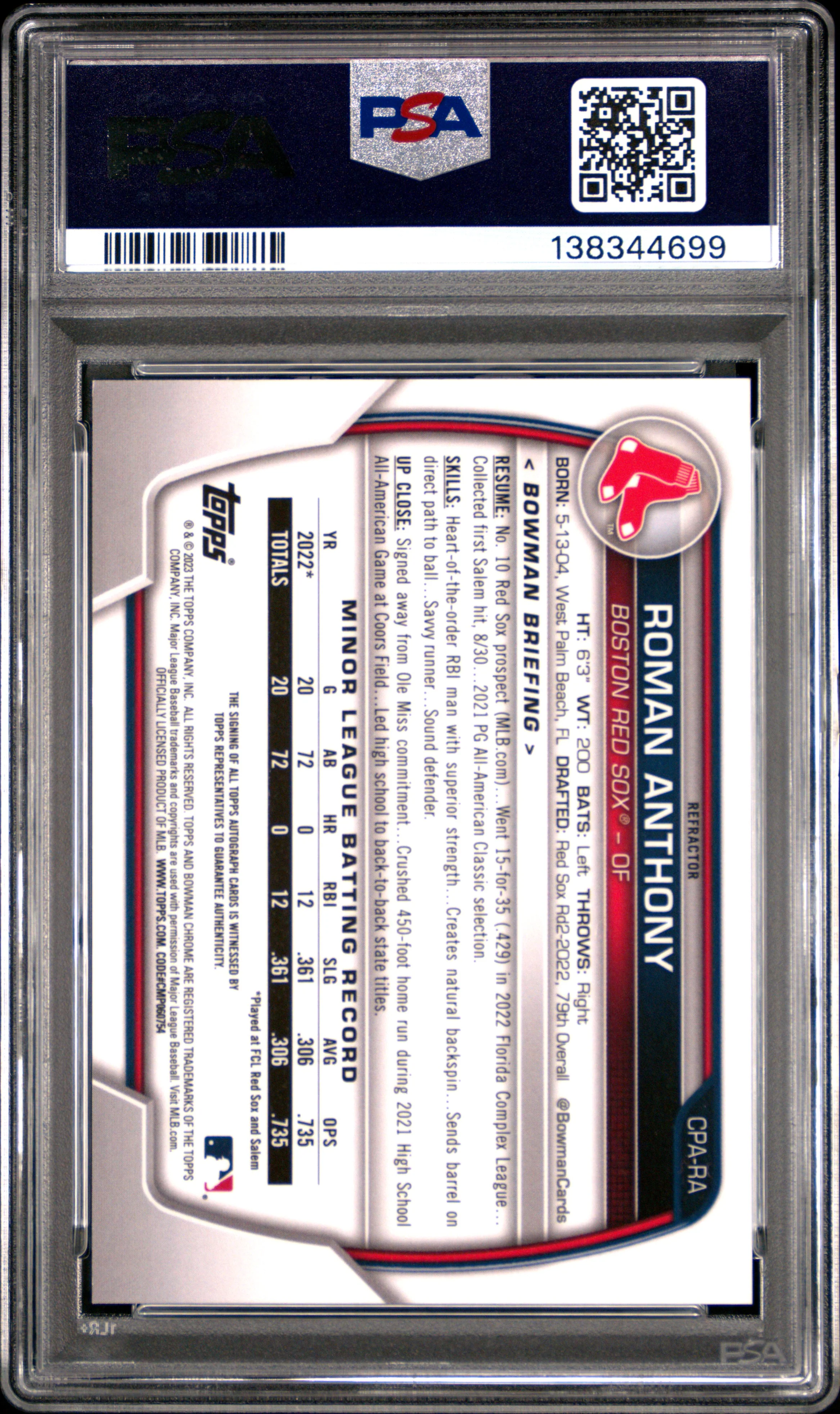 ROMAN ANTHONY | 2023 BOWMAN CHROME PROSPECT AUTOGRAPHS CPARA | CHR PROS AUTO-REFRACTOR | PSA MINT 9 - Image 2