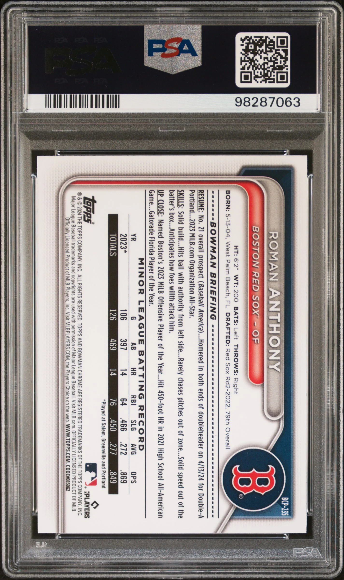 ROMAN ANTHONY | 2024 BOWMAN CHROME PROSPECTS BCP235 | PROSPECTS | PSA GEM MT 10 - Image 2