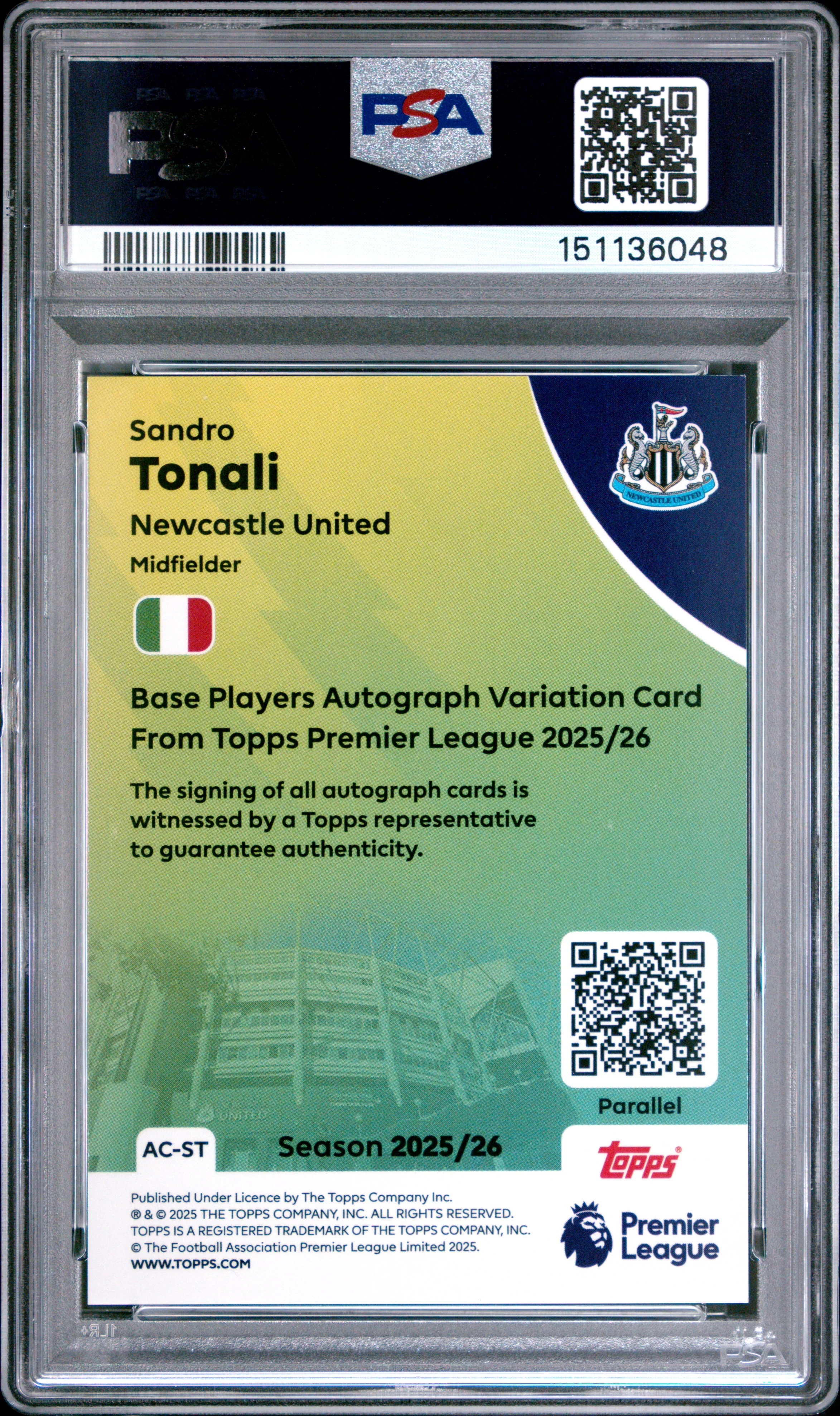 SANDRO TONALI | 2025-2026 TOPPS PREMIER LEAGUE AUTOGRAPHS AC-ST | AUTOGRAPH-GREEN RAINBOW | PSA NM-MT 8 - Image 2