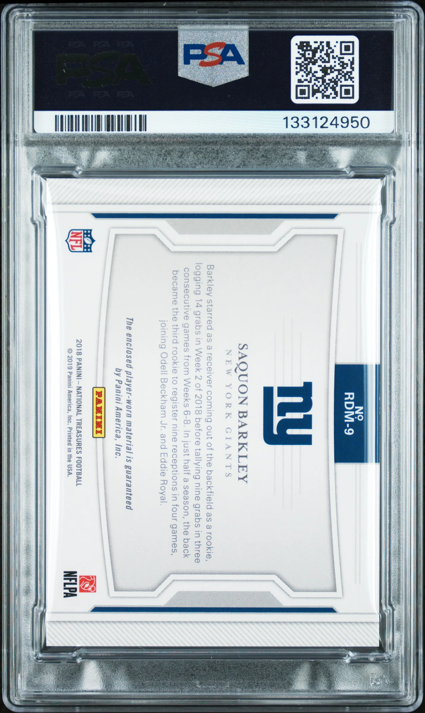 SAQUON BARKLEY | 2018 PANINI NATIONAL TREASURES ROOKIE DUAL MATERIALS RDM9 | ROOKIE DUAL MATERIALS | PSA GEM MT 10 - Image 2