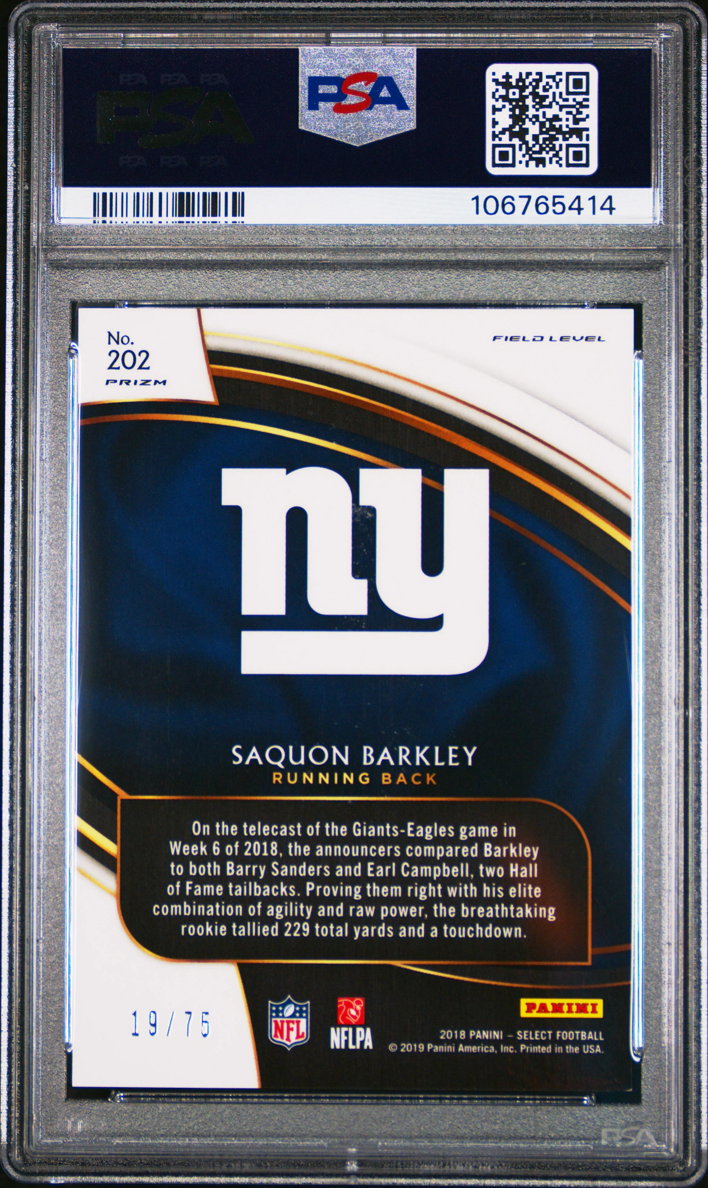 SAQUON BARKLEY | 2018 PANINI SELECT 202 | COPPER PRIZM | PSA MINT 9 - Image 2