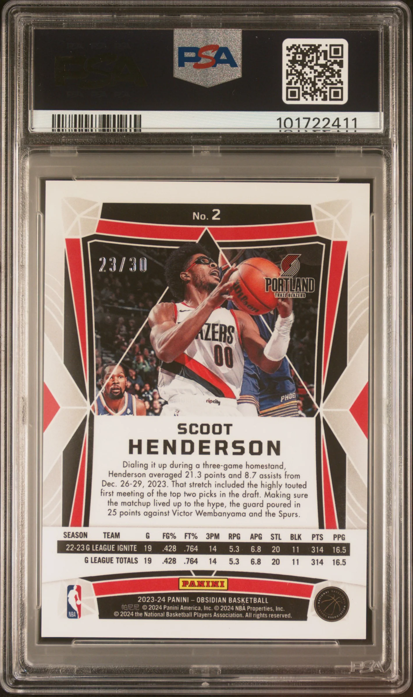 SCOOT HENDERSON | 2023 PANINI OBSIDIAN 2 | ELECTRIC ETCH BLUE | PSA GEM MT 10 - Image 2