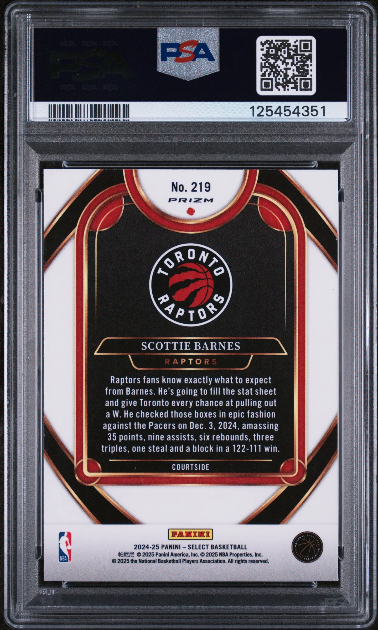SCOTTIE BARNES | 2024 PANINI SELECT 219 | WHITE SPARKLE | PSA MINT 9 - Image 2