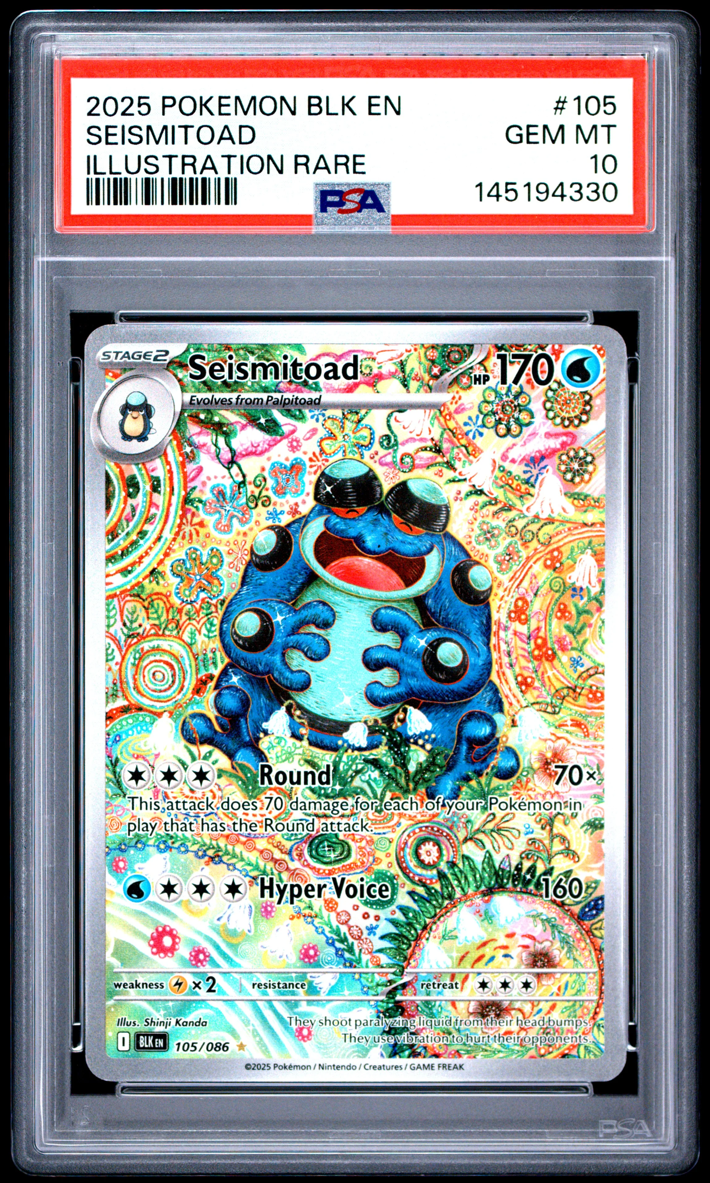 SEISMITOAD | 2025 POKEMON BLK EN-BLACK BOLT 105 | ILLUSTRATION RARE | PSA GEM MT 10