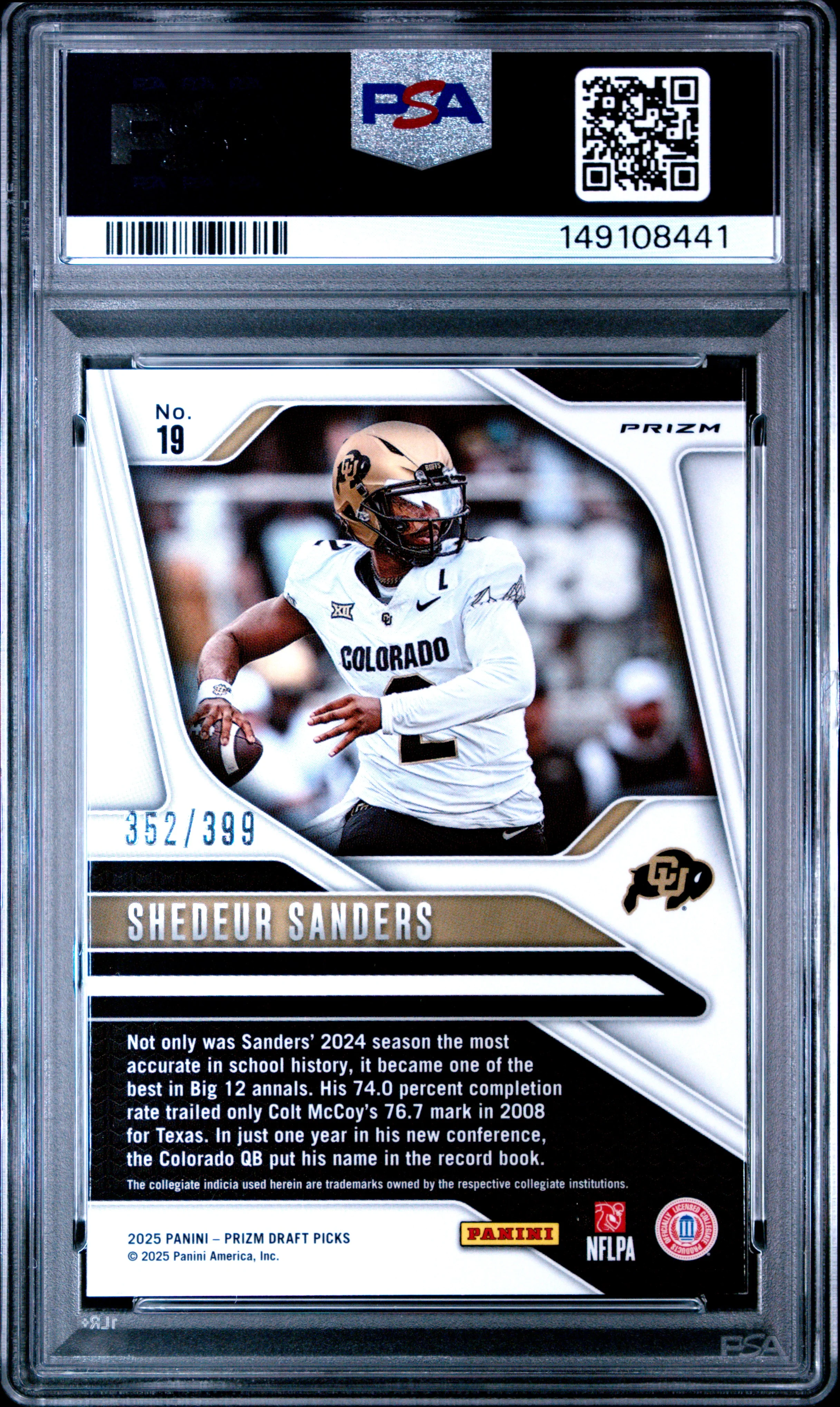 SHEDEUR SANDERS | 2025 PANINI PRIZM DRAFT PICKS 19 | RED PRIZM | PSA GEM MT 10 - Image 2
