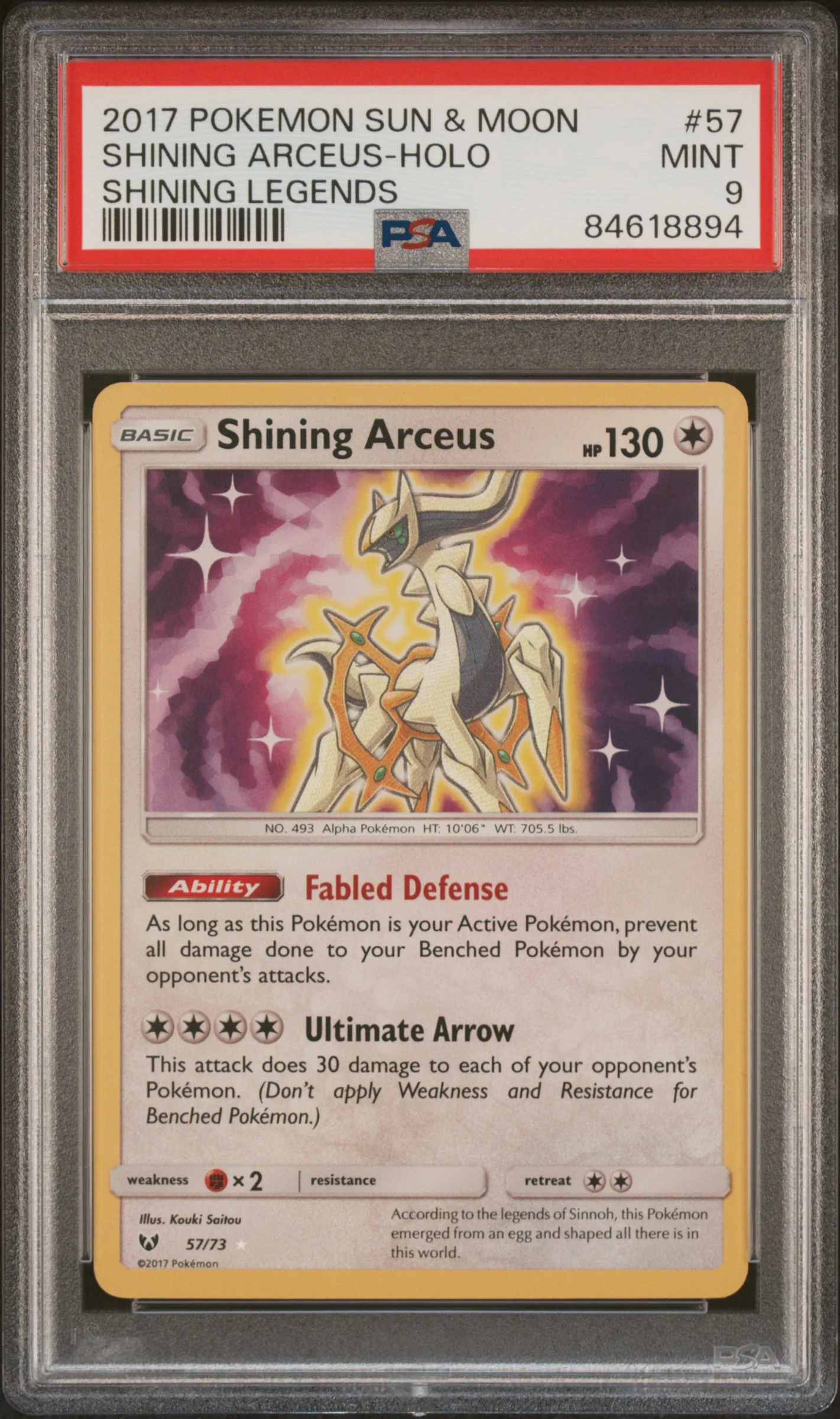 SHINING ARCEUS-HOLO | 2017 POKEMON SUN & MOON SHINING LEGENDS 57 | SHINING LEGENDS | PSA MINT 9
