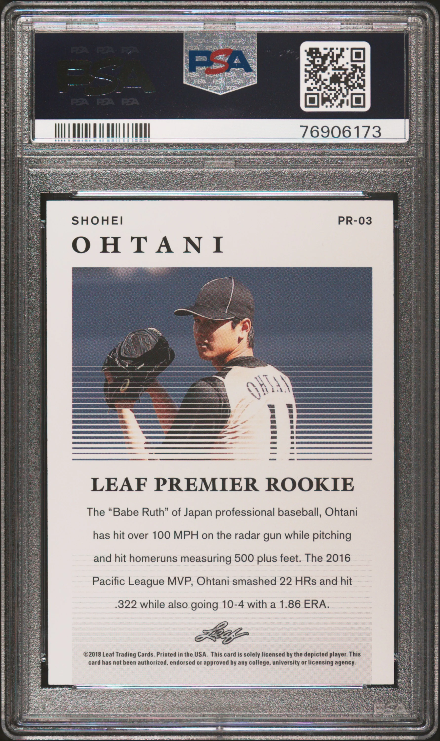SHOHEI OHTANI | 2018 LEAF PREMIER ROOKIES PR-03 | PREMIER ROOKIES-GOLD | PSA GEM MT 10 - Image 2