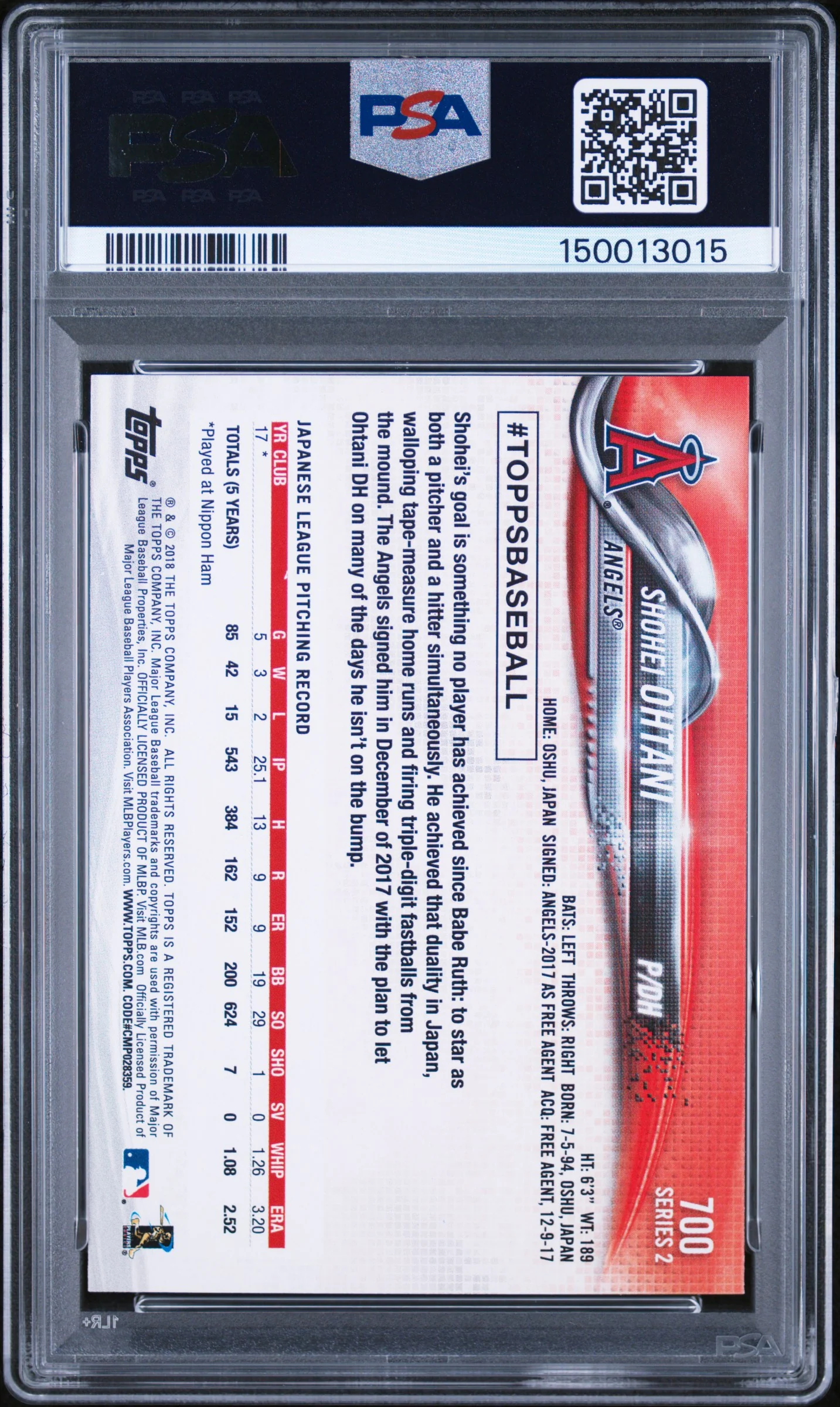 SHOHEI OHTANI | 2018 TOPPS 700 | PITCHING | PSA GEM MT 10 - Image 2