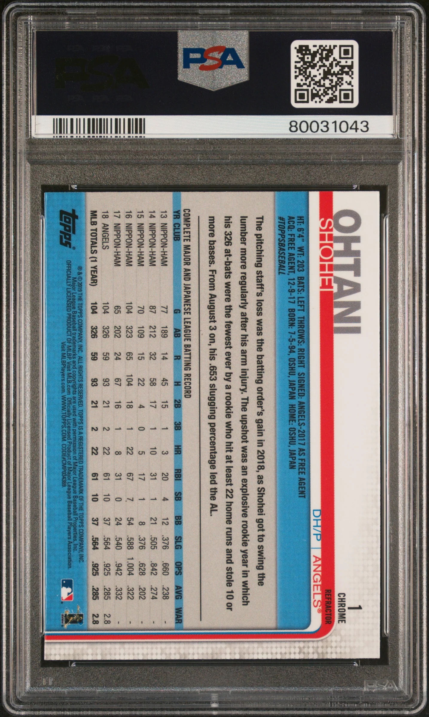 SHOHEI OHTANI | 2019 TOPPS CHROME 1 | REFRACTOR | PSA GEM MT 10 - Image 2