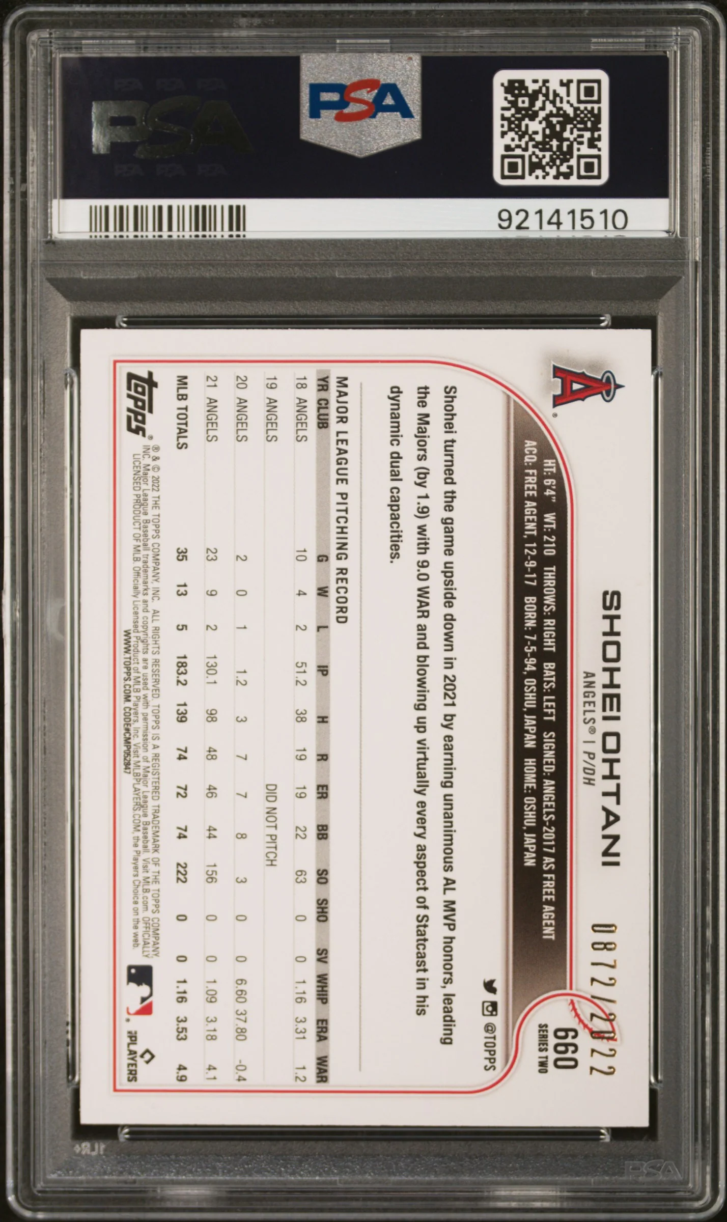 SHOHEI OHTANI | 2022 TOPPS 660 | GOLD | PSA MINT 9 - Image 2