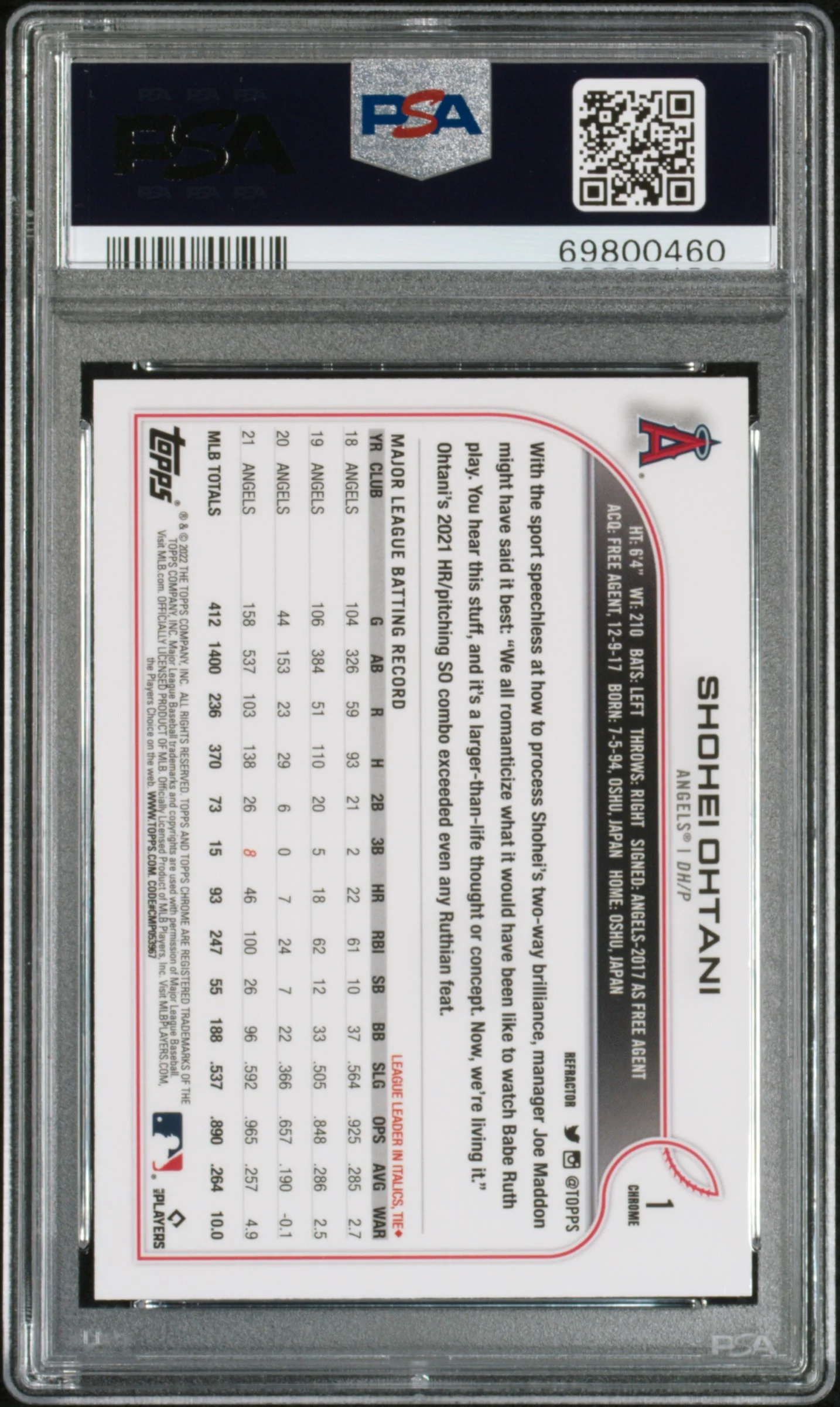 SHOHEI OHTANI | 2022 TOPPS CHROME 1 | REFRACTOR | PSA GEM MT 10 - Image 2
