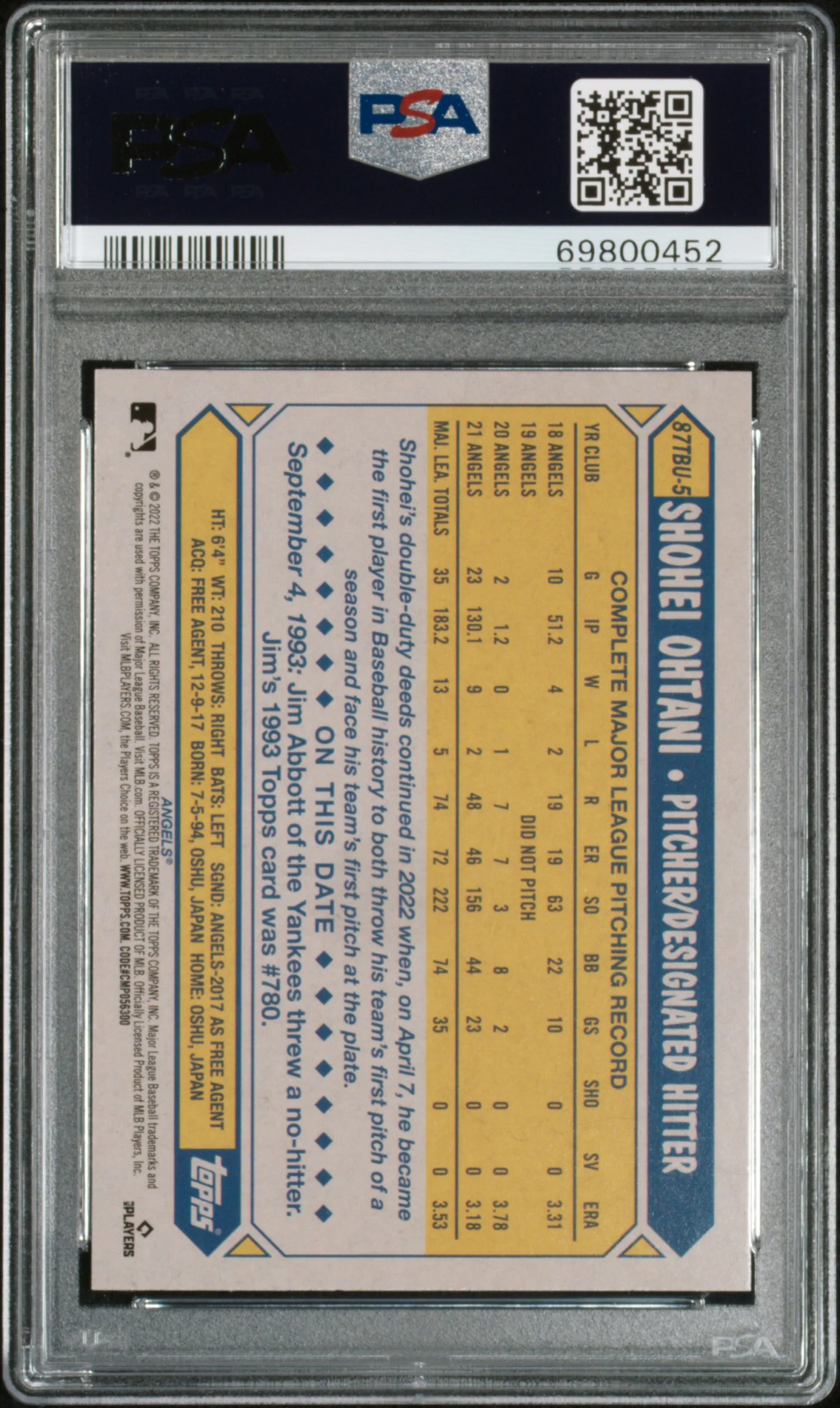 SHOHEI OHTANI | 2022 TOPPS UPDATE 1987 TOPPS BASEBALL 87TBU5 | 1987 TOPPS BASEBALL | PSA GEM MT 10 - Image 2