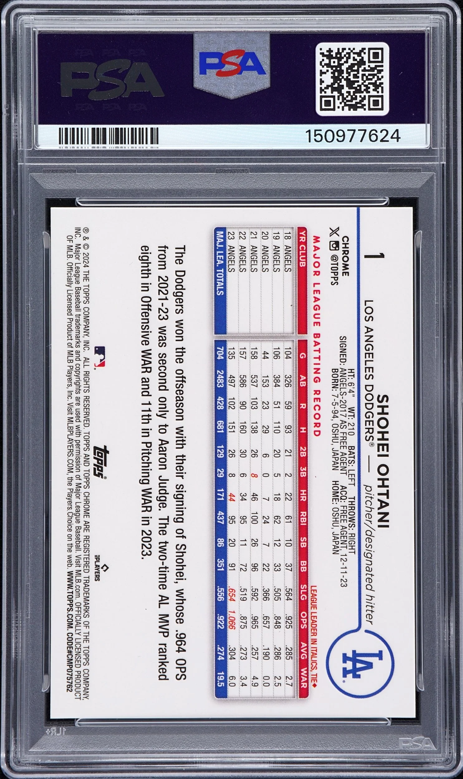 SHOHEI OHTANI | 2024 TOPPS CHROME 1 | SSP | PSA GEM MT 10 - Image 2