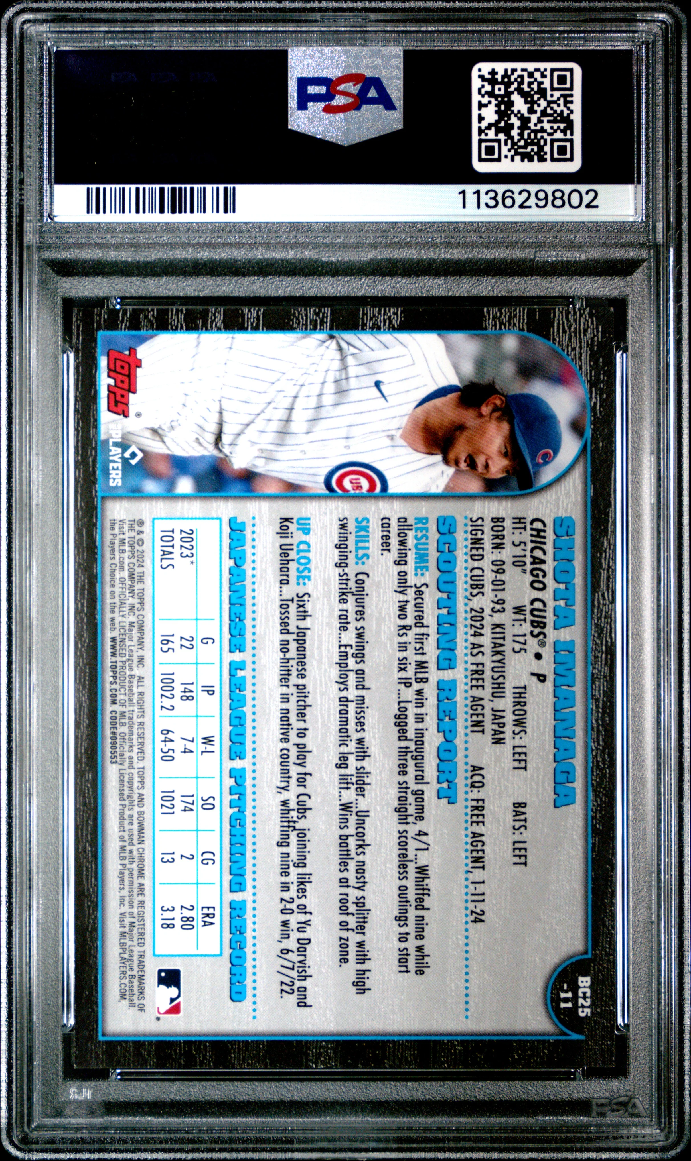 SHOTA IMANAGA | 2024 BOWMAN CHROME 1999 BOWMAN CHROME 25TH ANNIVERSARY 11 | 1999 25TH ANV-ORANGE REF | PSA MINT 9 - Image 2
