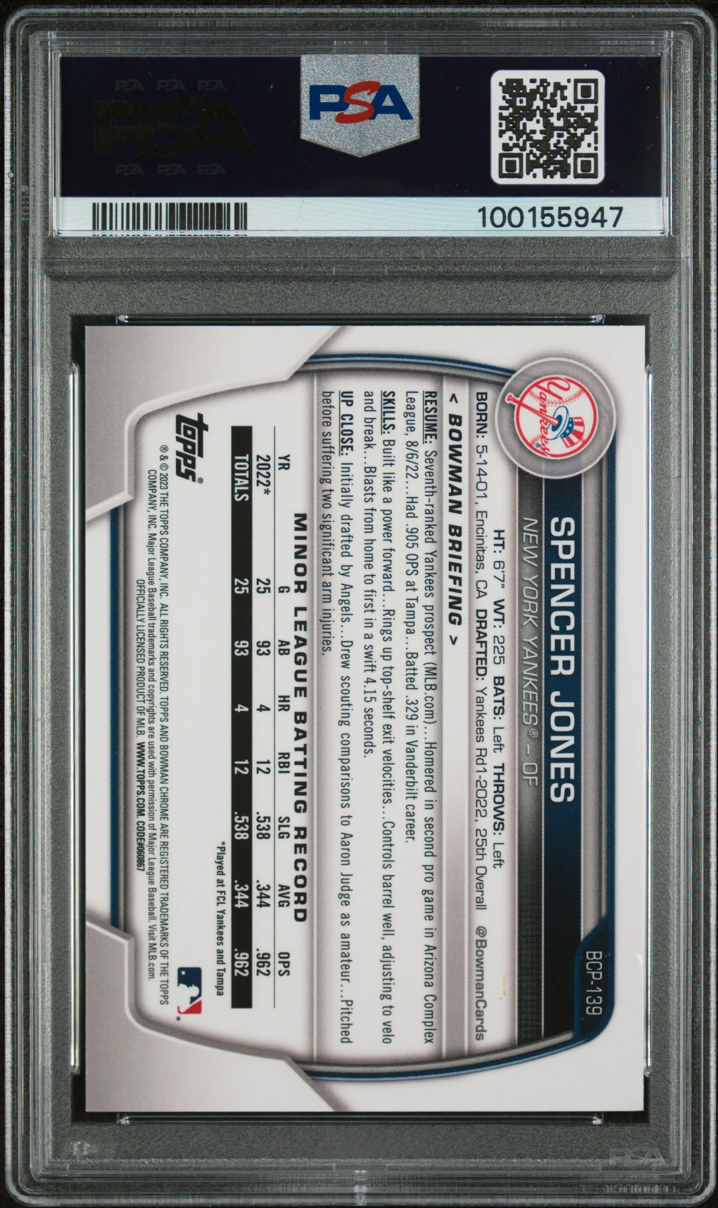 SPENCER JONES | 2023 BOWMAN MEGA BOX CHROME 139 | CHROME-NAVY REFRACTOR | PSA GEM MT 10 - Image 2
