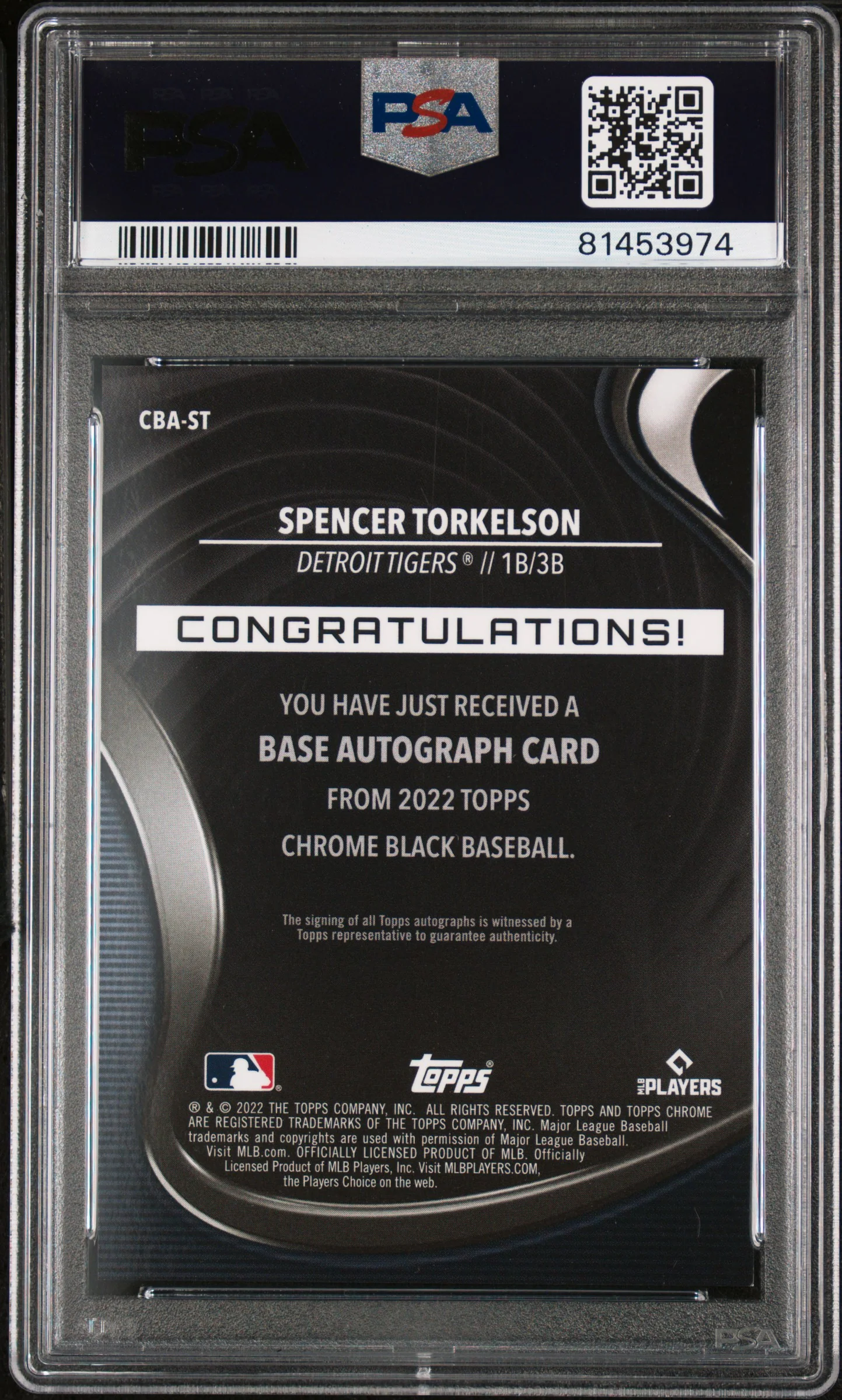 SPENCER TORKELSON | 2022 TOPPS CHROME BLACK AUTOGRAPHS ST | AUTOGRAPH-GREEN REF. | PSA MINT 9 - Image 2
