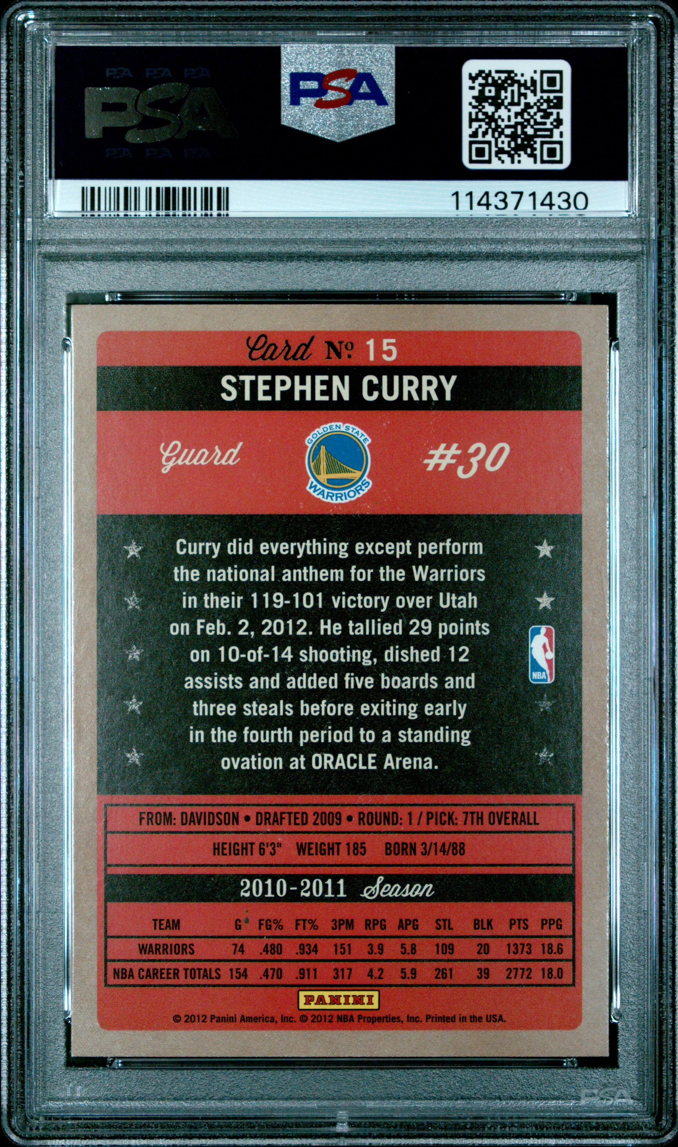 STEPHEN CURRY | 2011 PANINI PAST AND PRESENT 15 | PAST AND PRESENT | PSA GEM MT 10 - Image 2