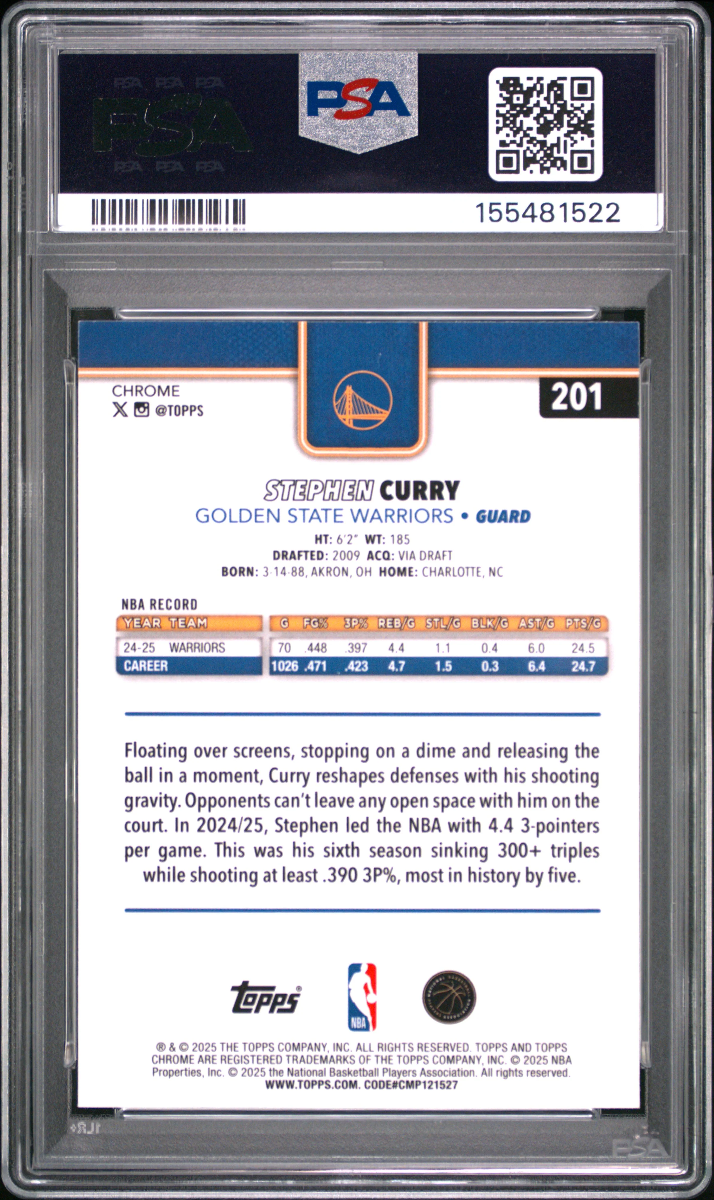 STEPHEN CURRY | 2025 TOPPS CHROME 201 | IMAGE VARIATION | PSA NM-MT 8 - Image 2