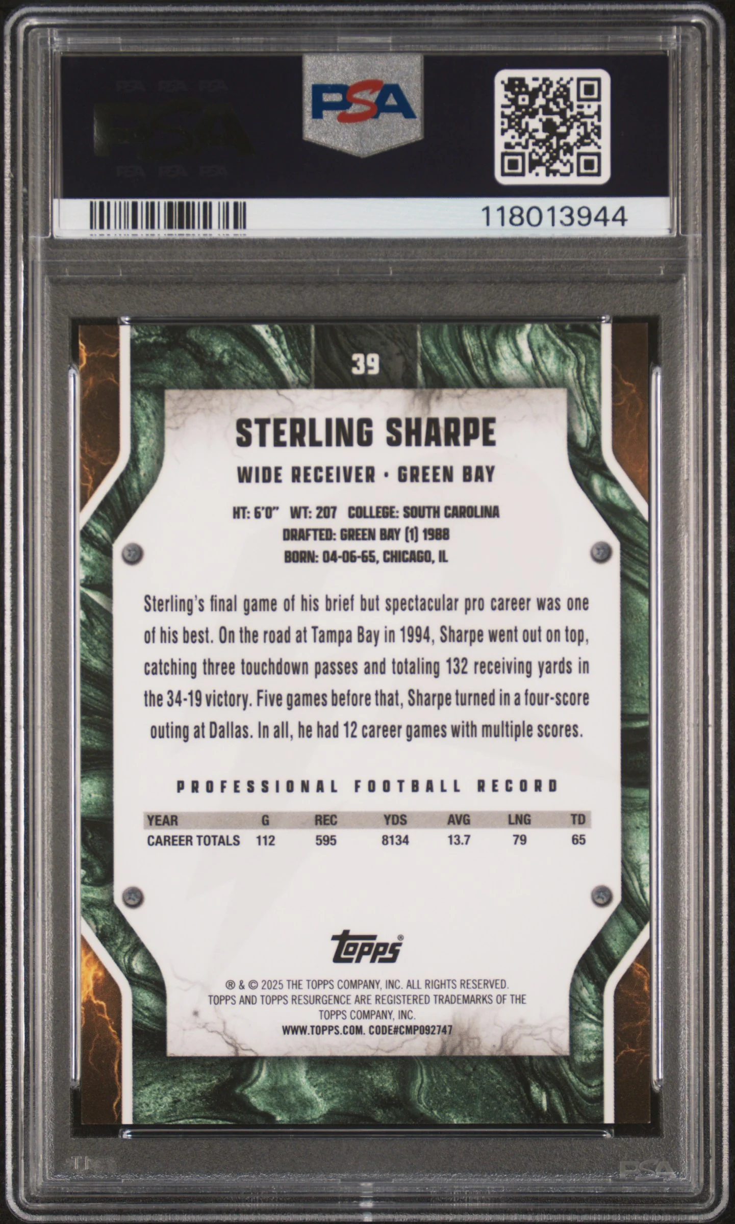 STERLING SHARPE | 2024 TOPPS RESURGENCE 39 | LIME GREEN STATIC | PSA GEM MT 10 - Image 2