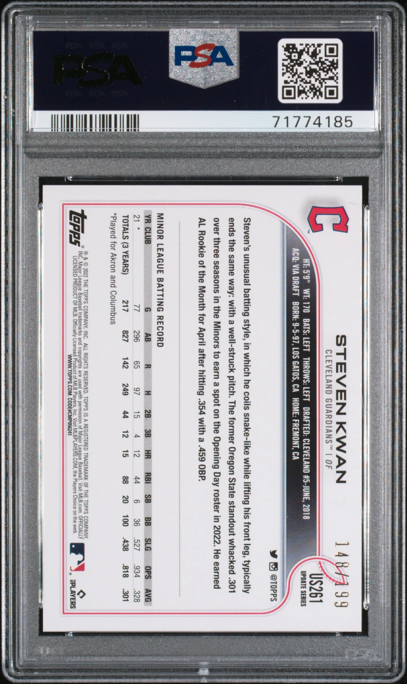 STEVEN KWAN | 2022 TOPPS UPDATE US261 | RED FOIL | PSA GEM MT 10 - Image 2