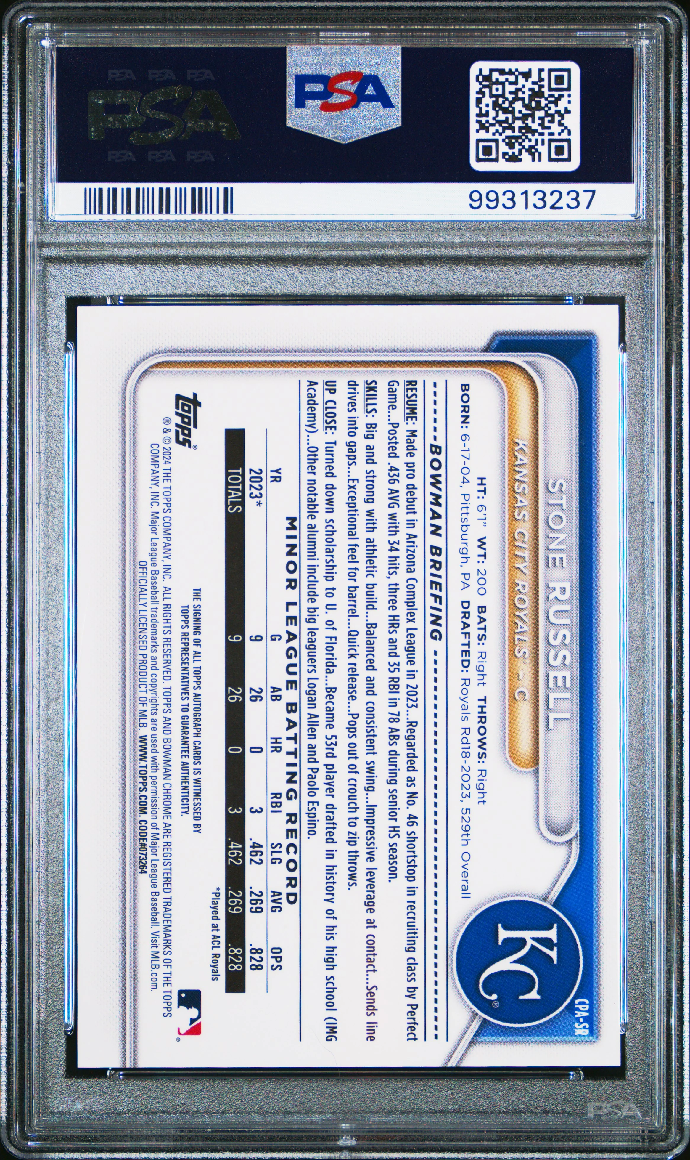 STONE RUSSELL | 2024 BOWMAN CHROME PROSPECT AUTOGRAPHS CPASR | PROSPECT AUTO-PURPLE REF | PSA GEM MT 10 - Image 2