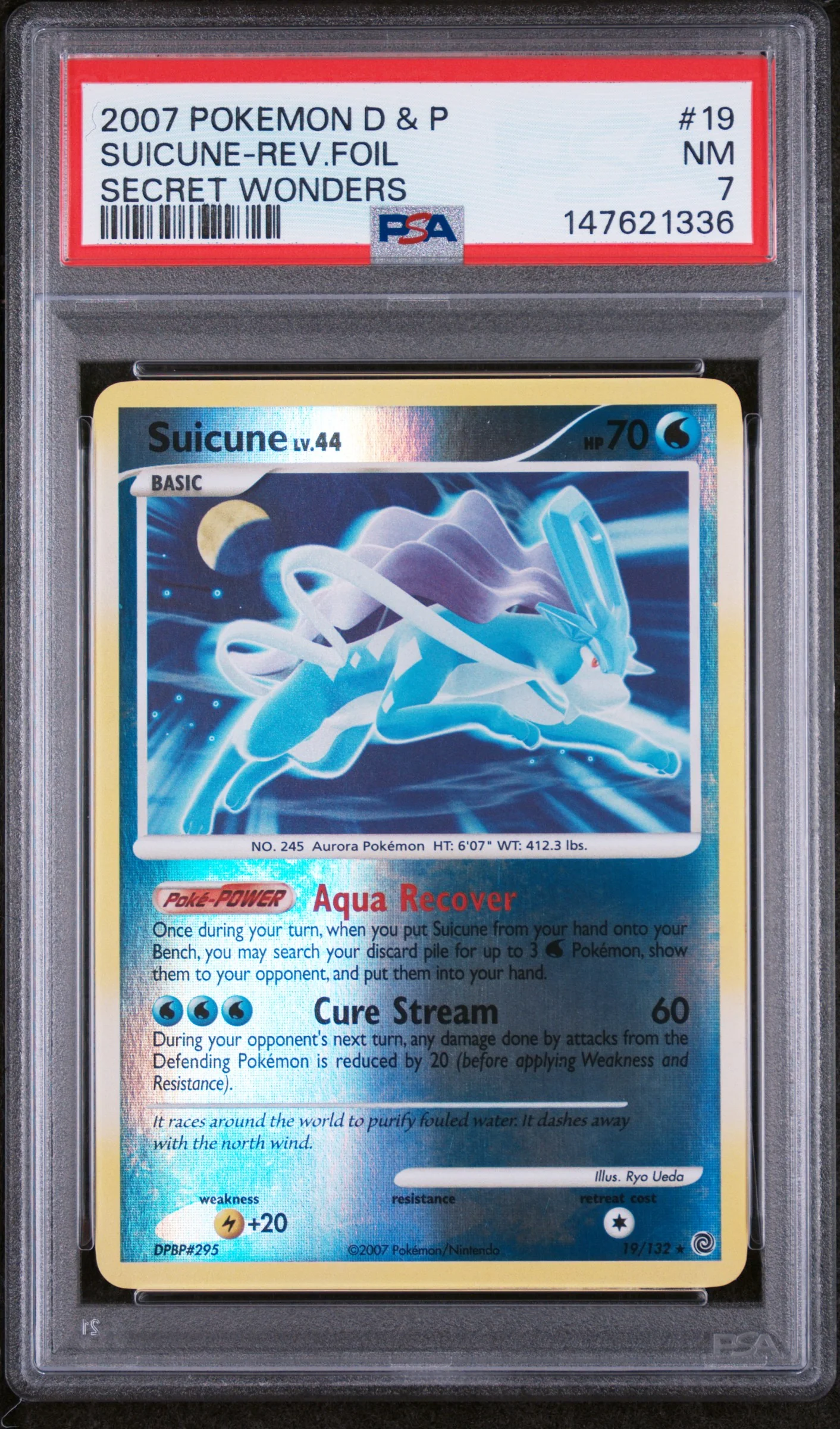 SUICUNE-REV.FOIL | 2007 POKEMON DIAMOND & PEARL SECRET WONDERS 19 | SECRET WONDERS | PSA NM 7