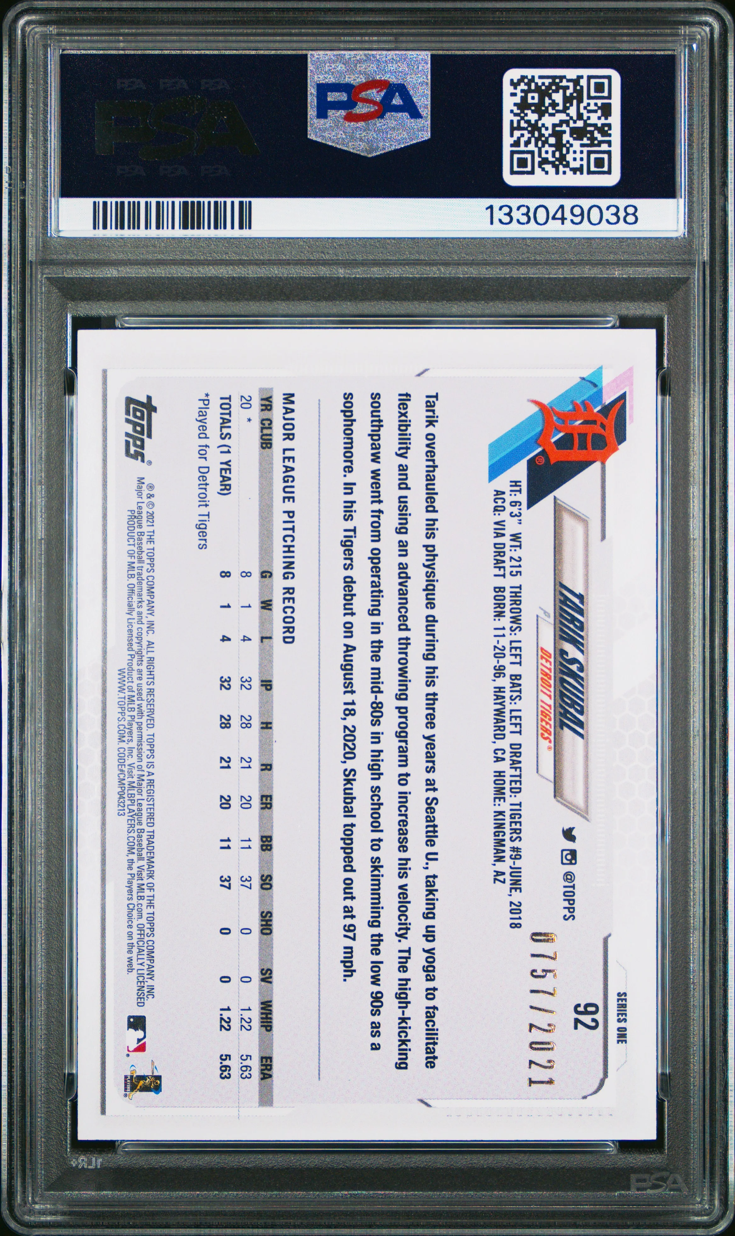 TARIK SKUBAL | 2021 TOPPS 92 | GOLD | PSA MINT 9 - Image 2