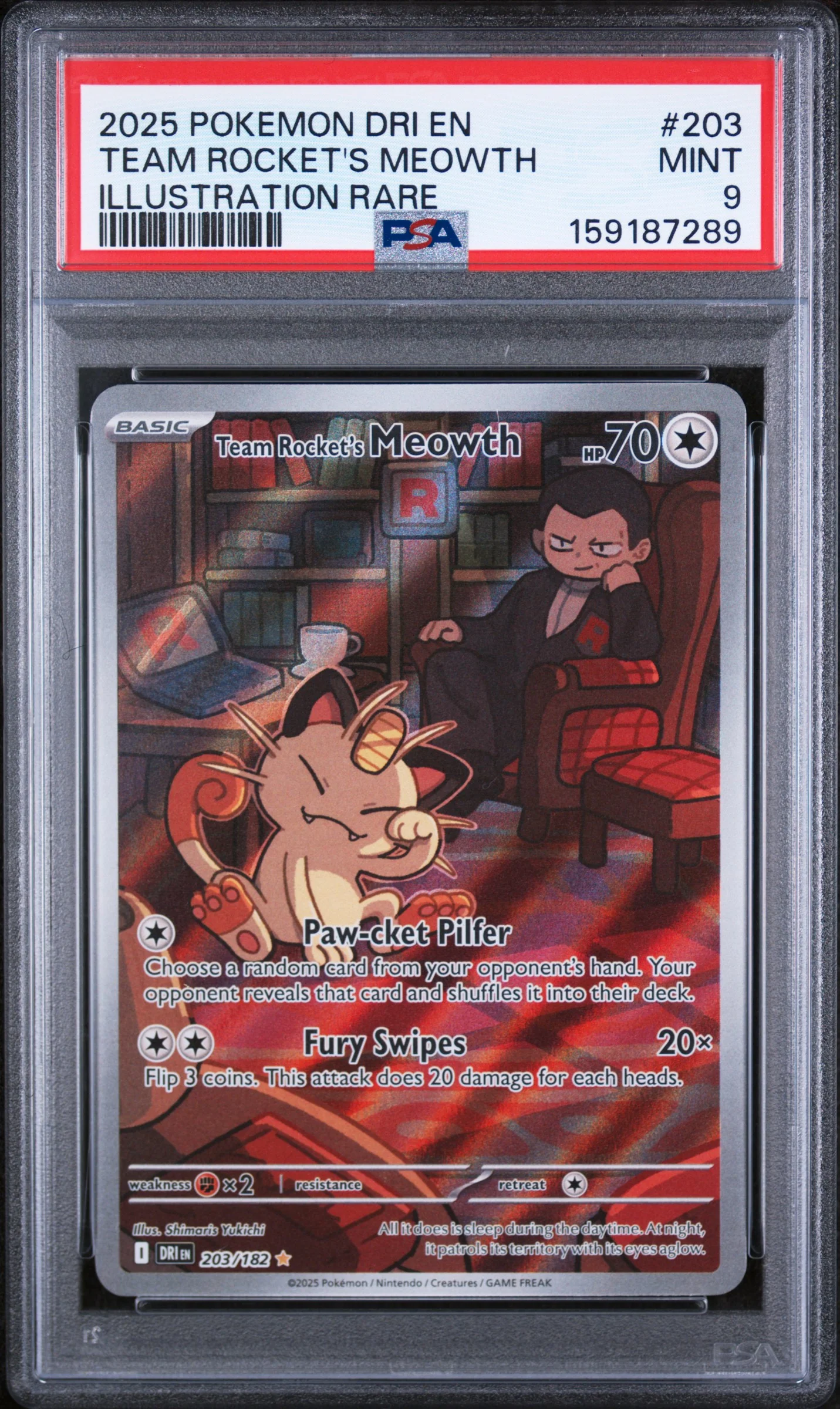 TEAM ROCKET'S MEOWTH | 2025 POKEMON DRI EN-DESTINED RIVALS 203 | ILLUSTRATION RARE | PSA MINT 9
