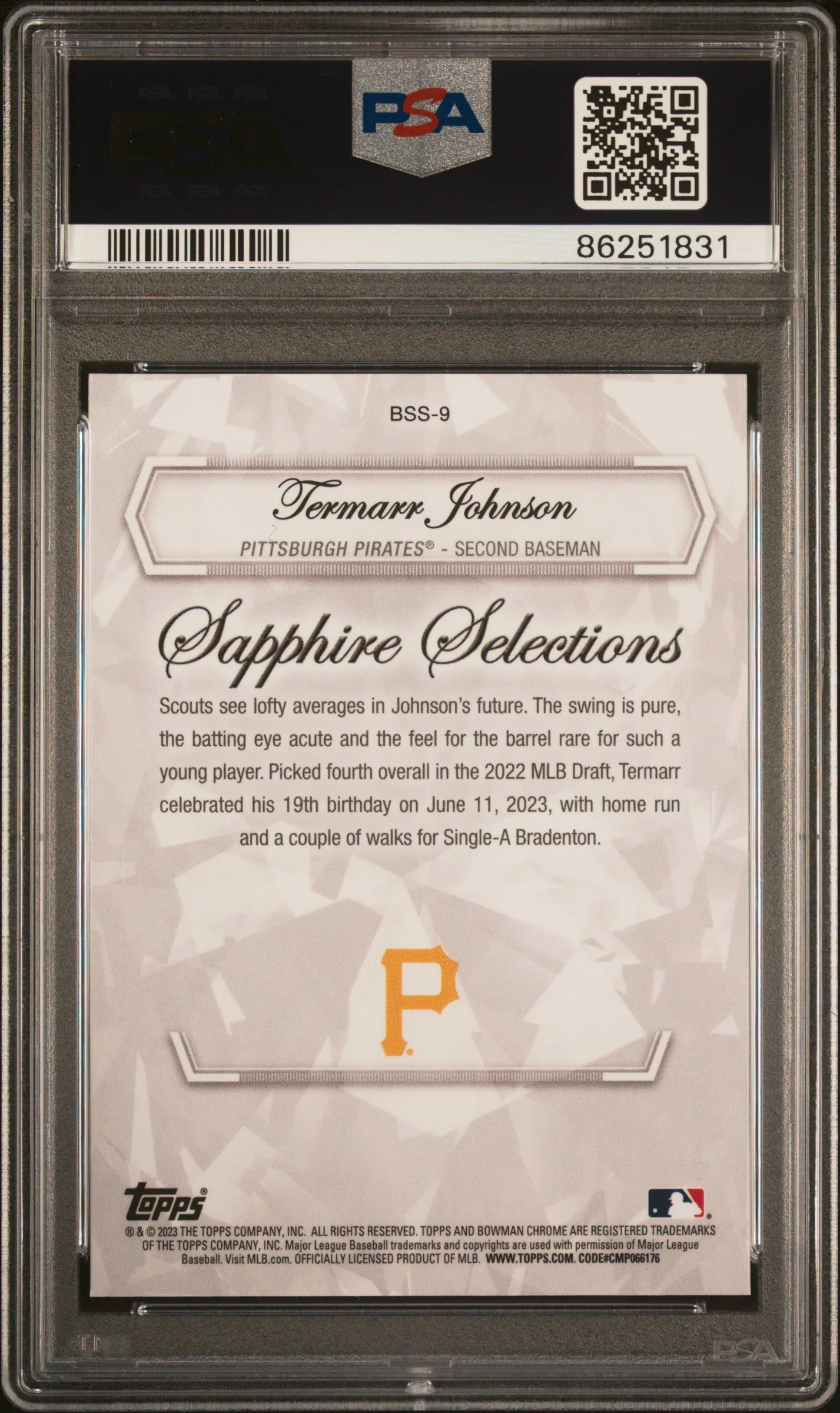 TERMARR JOHNSON | 2023 BOWMAN CHROME SAPPHIRE EDITION SAPPHIRE SELECTIONS BSS9 | PSA GEM MT 10 - Image 2