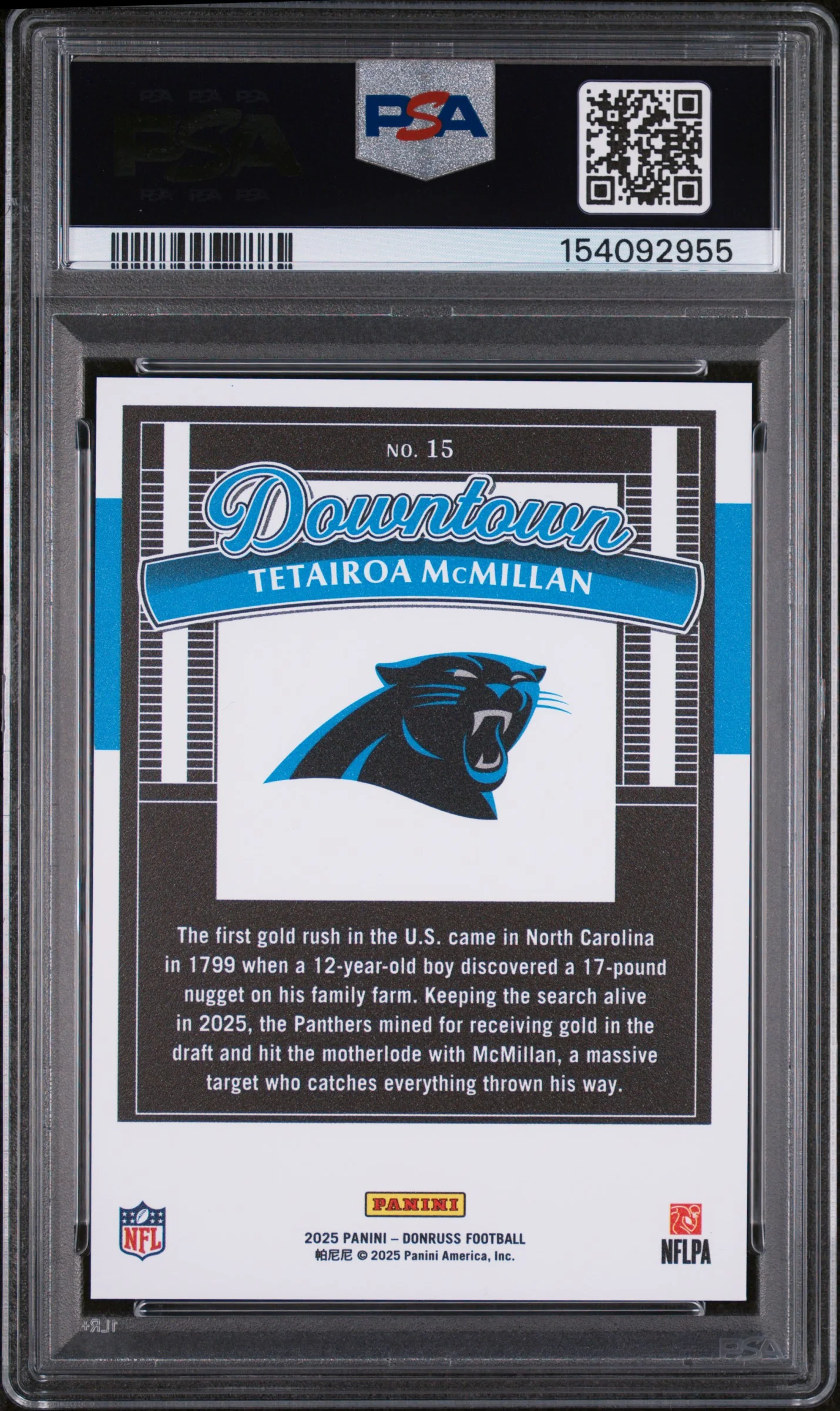 TETAIROA MCMILLAN | 2025 PANINI DONRUSS DOWNTOWN 15 | PSA MINT 9 - Image 2