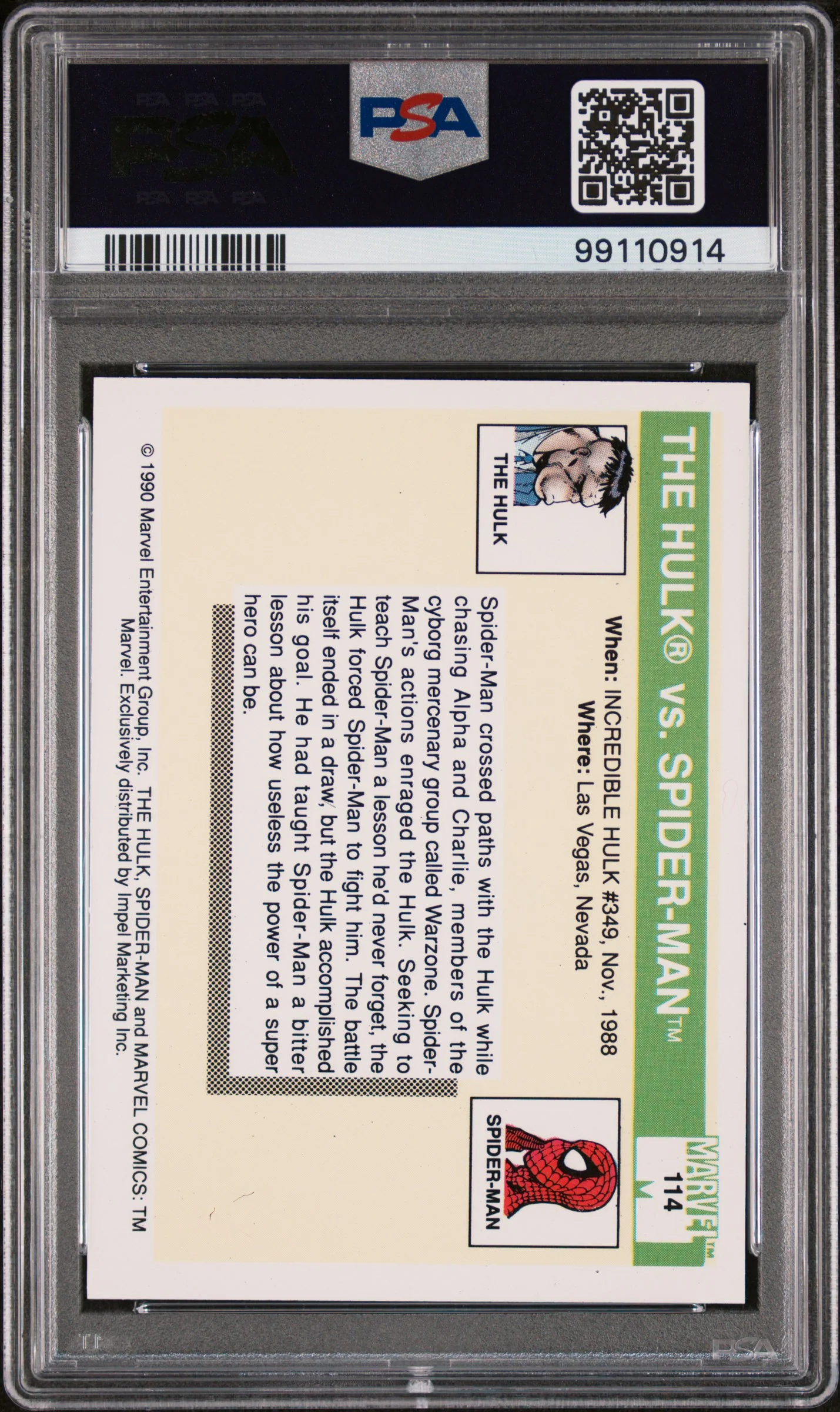 THE HULK VS. | 1990 MARVEL UNIVERSE 114 | SPIDER-MAN | PSA NM-MT 8 - Image 2