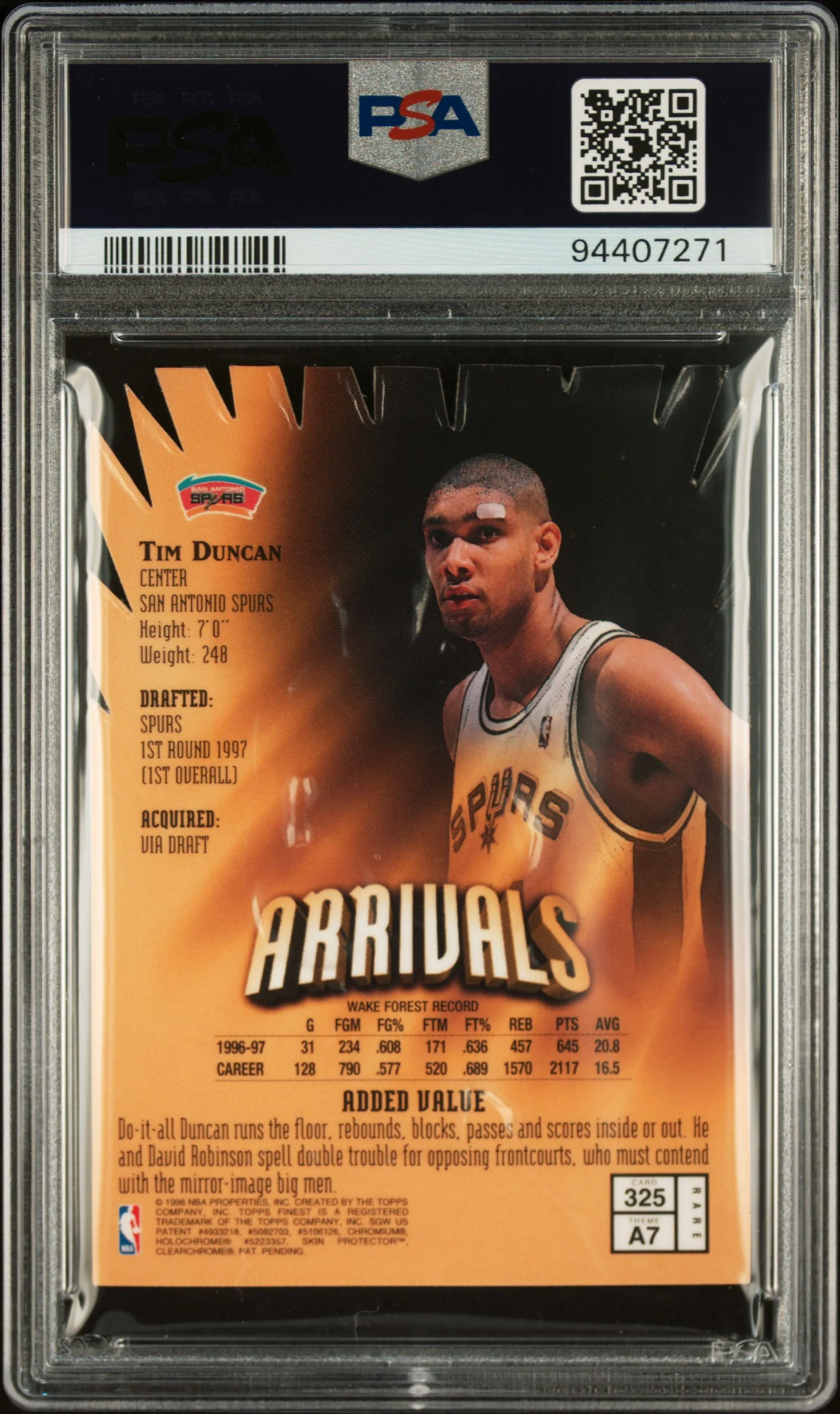 TIM DUNCAN | 1997 FINEST EMBOSSED 325 | EMBOSSED | PSA NM-MT 8 - Image 2