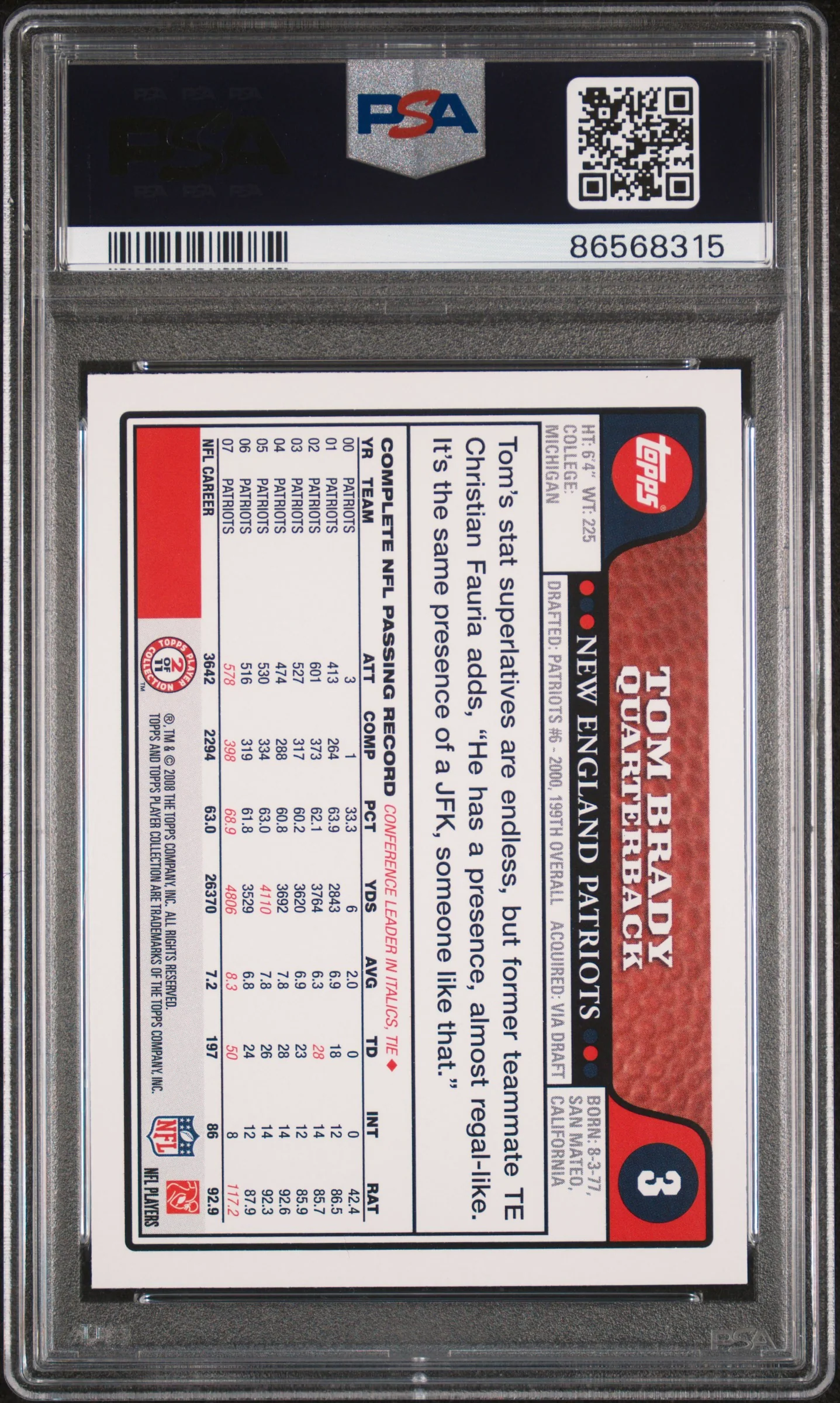 TOM BRADY | 2008 TOPPS 3 | PSA GEM MT 10 - Image 2