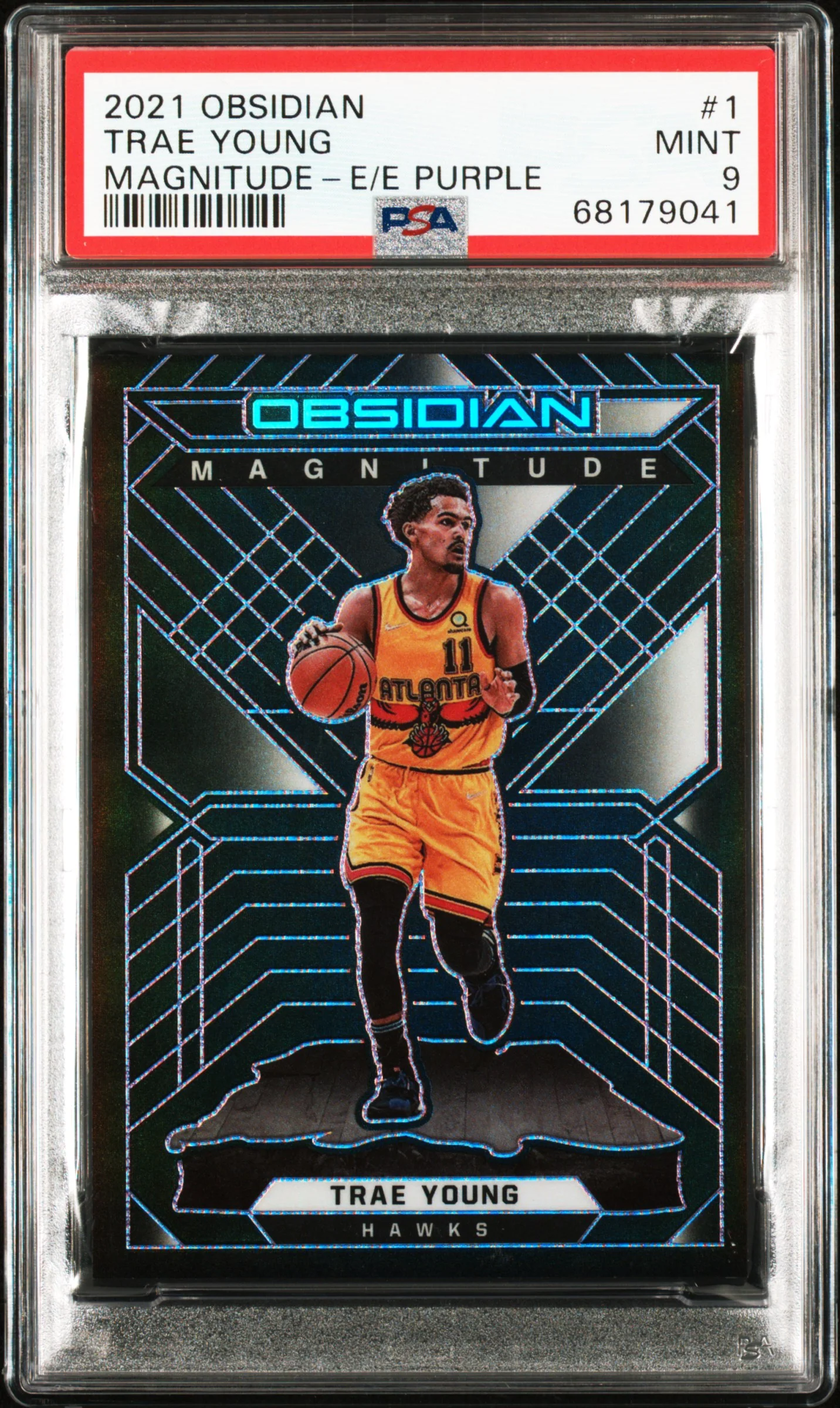 TRAE YOUNG | 2021 PANINI OBSIDIAN MAGNITUDE 1 | MAGNITUDE-E/E PURPLE | PSA MINT 9