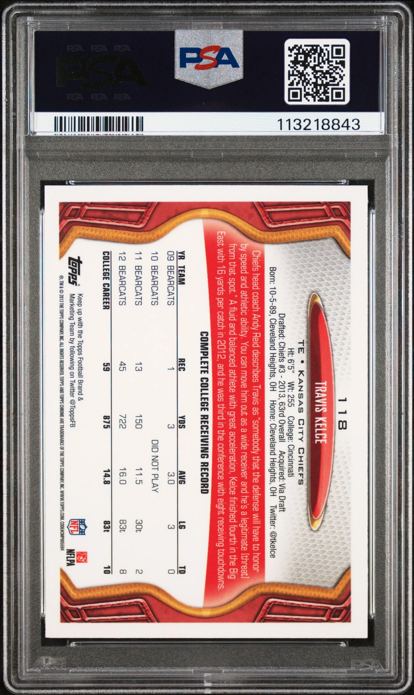 TRAVIS KELCE | 2013 TOPPS CHROME 118 | PSA GEM MT 10 - Image 2