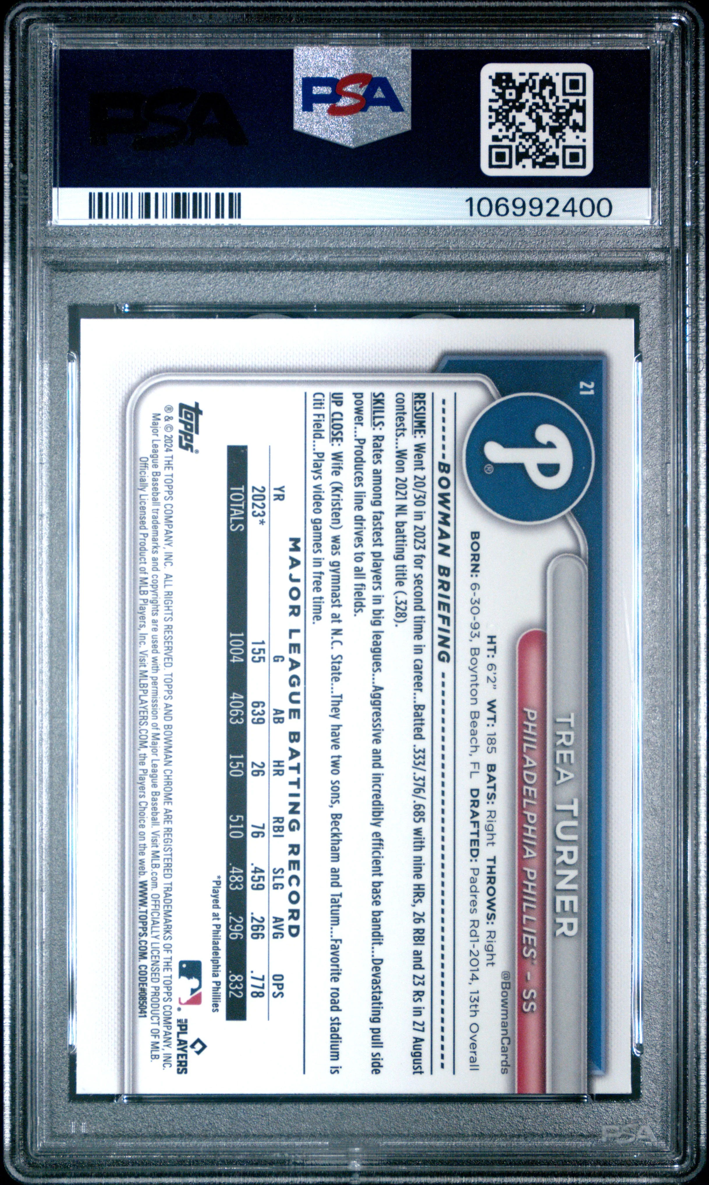 TREA TURNER | 2024 BOWMAN CHROME 21 | PSA NM-MT 8 - Image 2