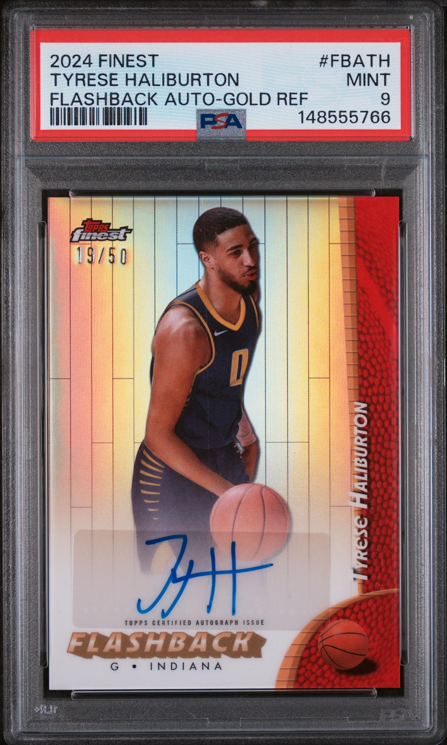 TYRESE HALIBURTON | 2024 TOPPS FINEST FLASHBACK AUTOGRAPHS FBATH | FLASHBACK AUTO-GOLD REF | PSA MINT 9