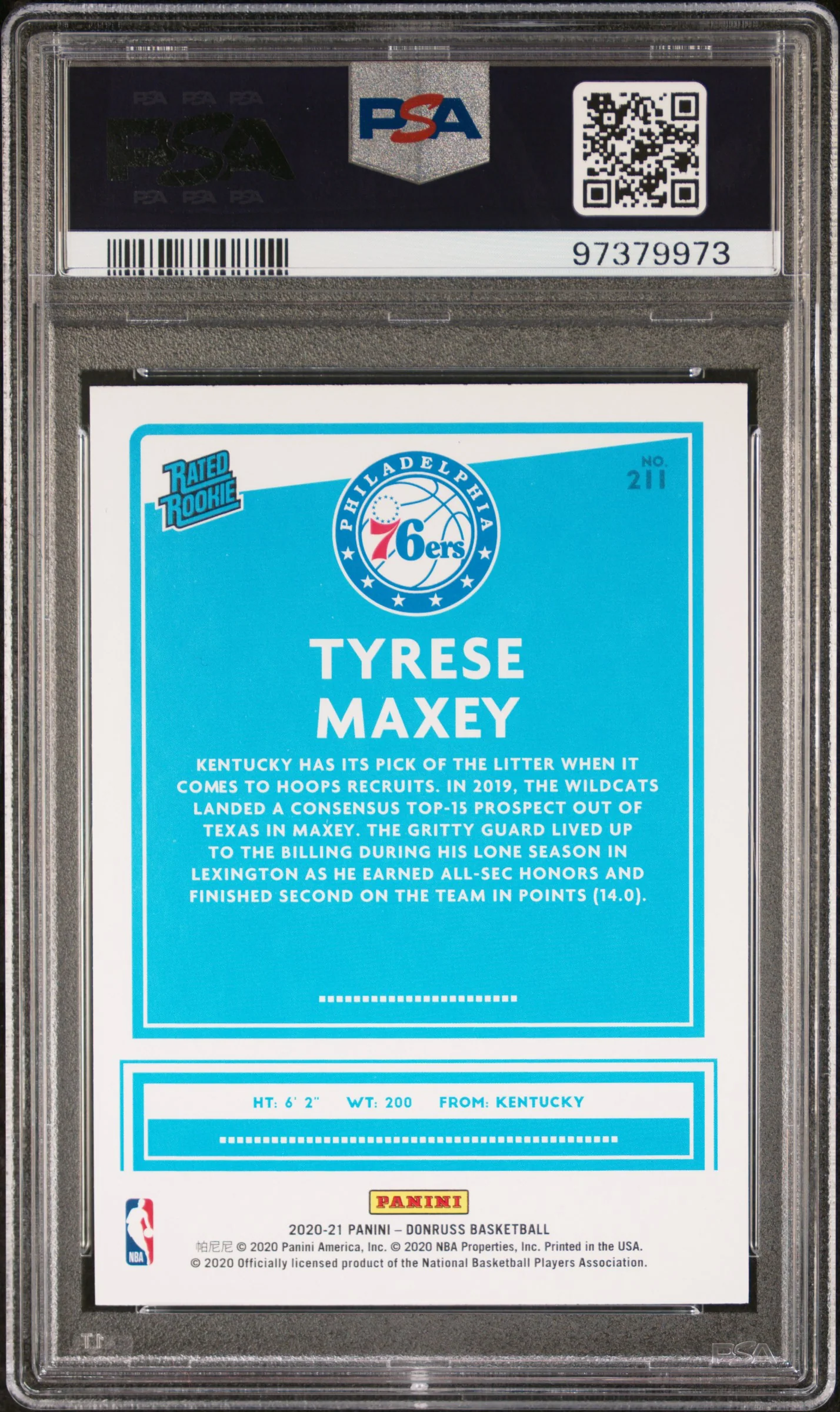 TYRESE MAXEY | 2020 PANINI DONRUSS 211 | PSA GEM MT 10 - Image 2