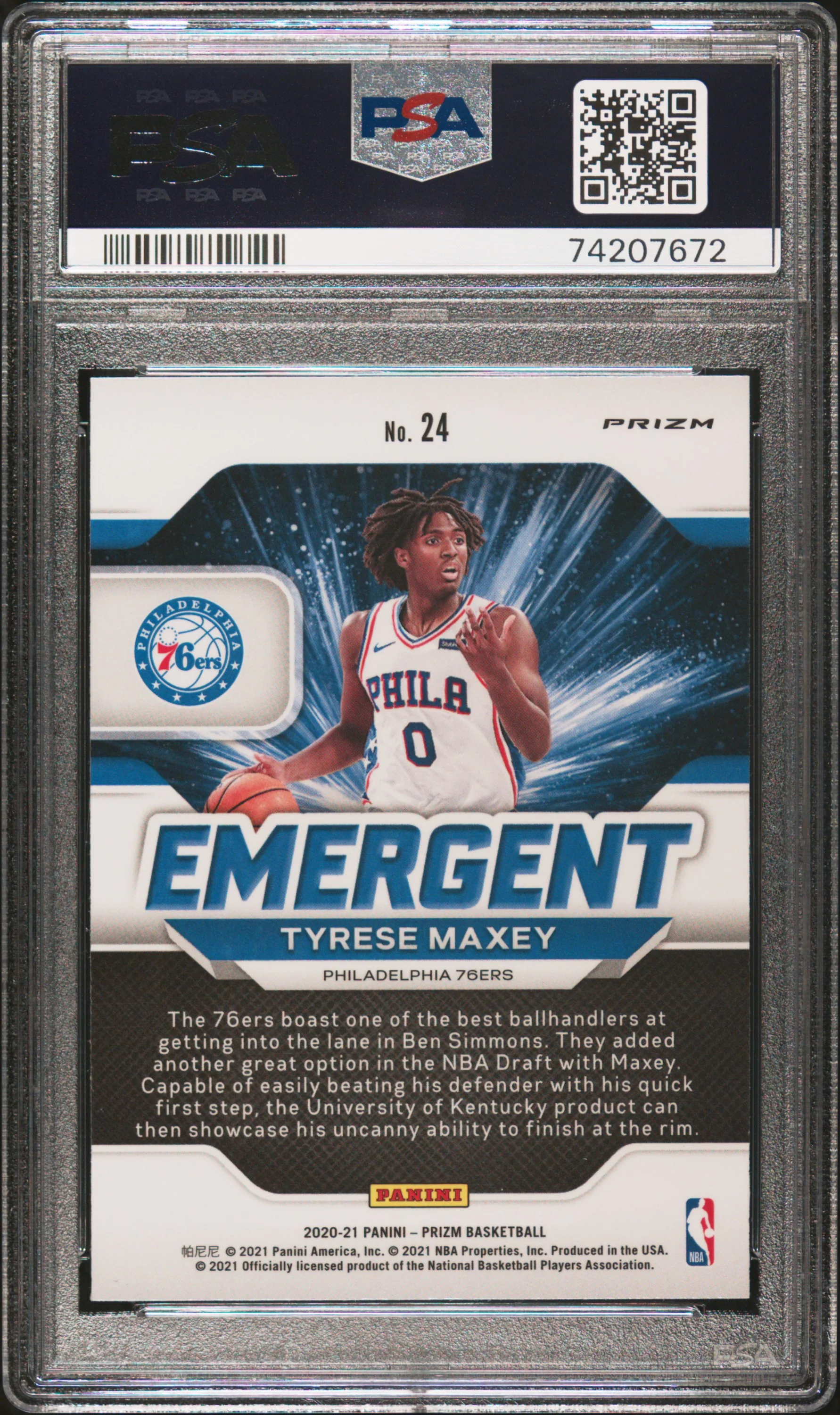 TYRESE MAXEY | 2020 PANINI PRIZM EMERGENT 24 | EMERGENT-SILVER PRIZM | PSA GEM MT 10 - Image 2