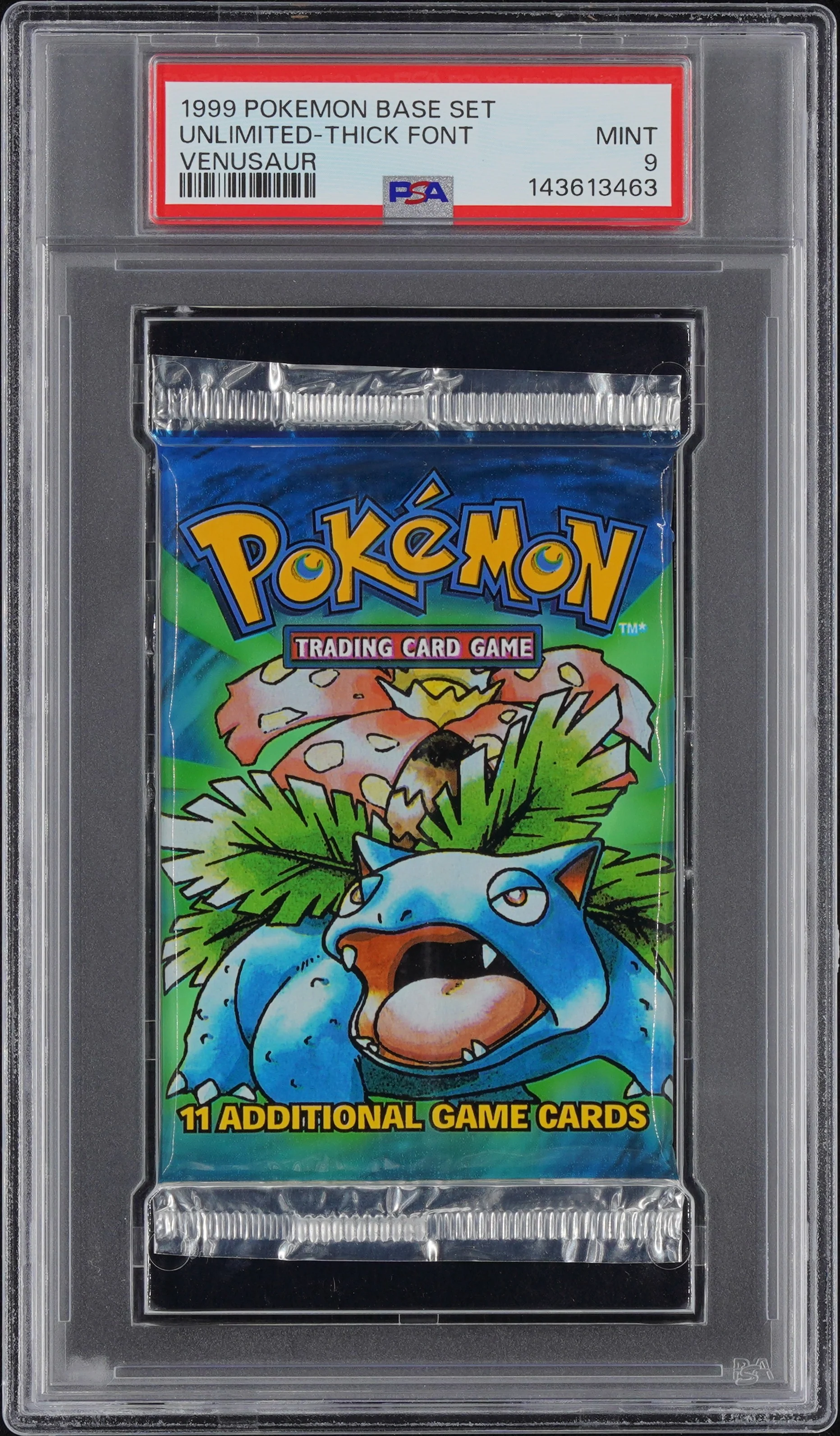 UNLIMITED-THICK FONT | 1999 POKEMON BASE SET PACK | VENUSAUR | PSA MINT 9