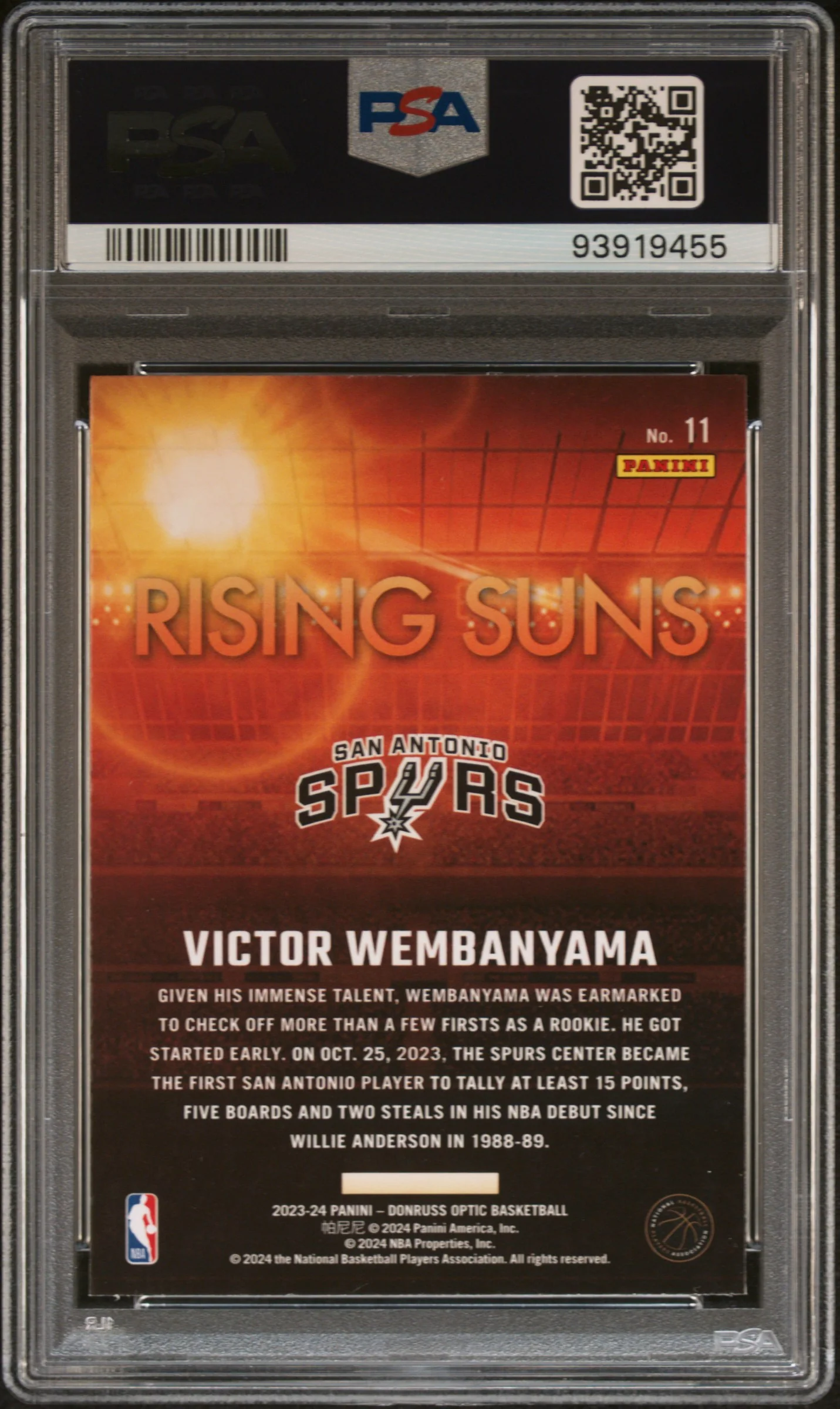 VICTOR WEMBANYAMA | 2023 PANINI DONRUSS OPTIC RISING SUNS 11 | PSA MINT 9 - Image 2