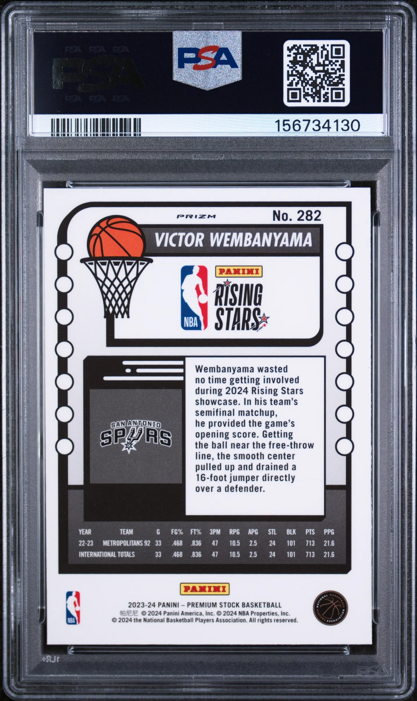 VICTOR WEMBANYAMA | 2023 PANINI HOOPS PREMIUM STOCK 282 | ICE PRIZM | PSA MINT 9 - Image 2