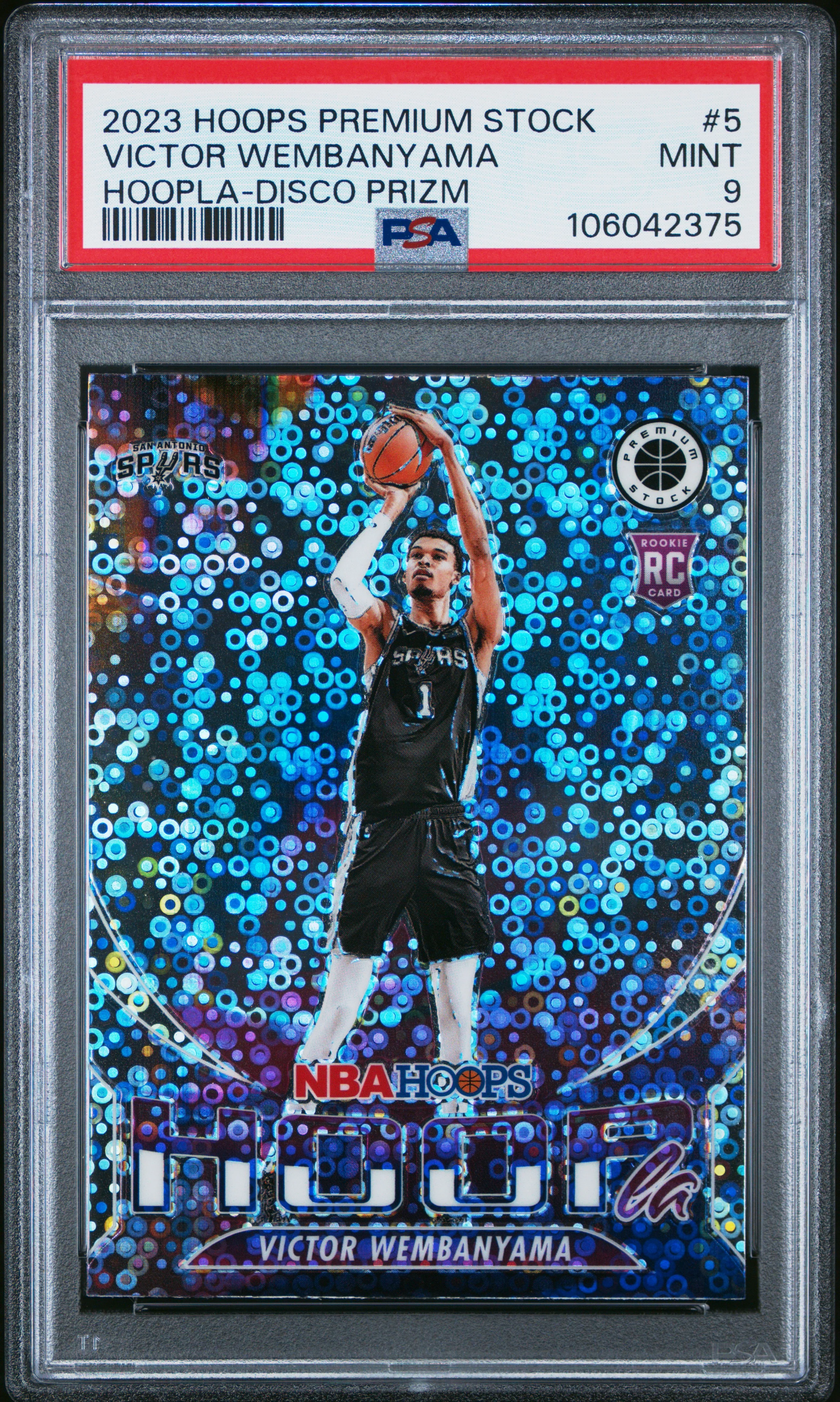 VICTOR WEMBANYAMA | 2023 PANINI HOOPS PREMIUM STOCK HOOPLA 5 | HOOPLA-DISCO PRIZM | PSA MINT 9